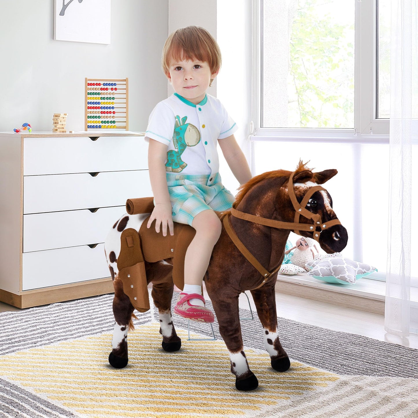 Qaba Sound-Making Ride On Horse For Toddlers 3-5, With Neighing And Galloping Sound, Stuffed Animal Horse Toy For Kids With Padding, Soft Feel, Brown