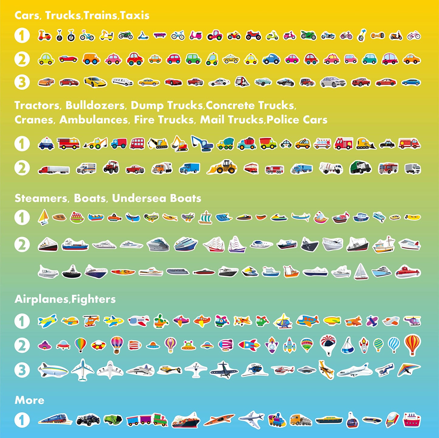Hebayy 2860 Vehicle Stickers - 64 Sheets of Vibrant Transportation Decals for Kids, Schools, Parties - Cars, Trucks, Airplanes, Ships, Construction