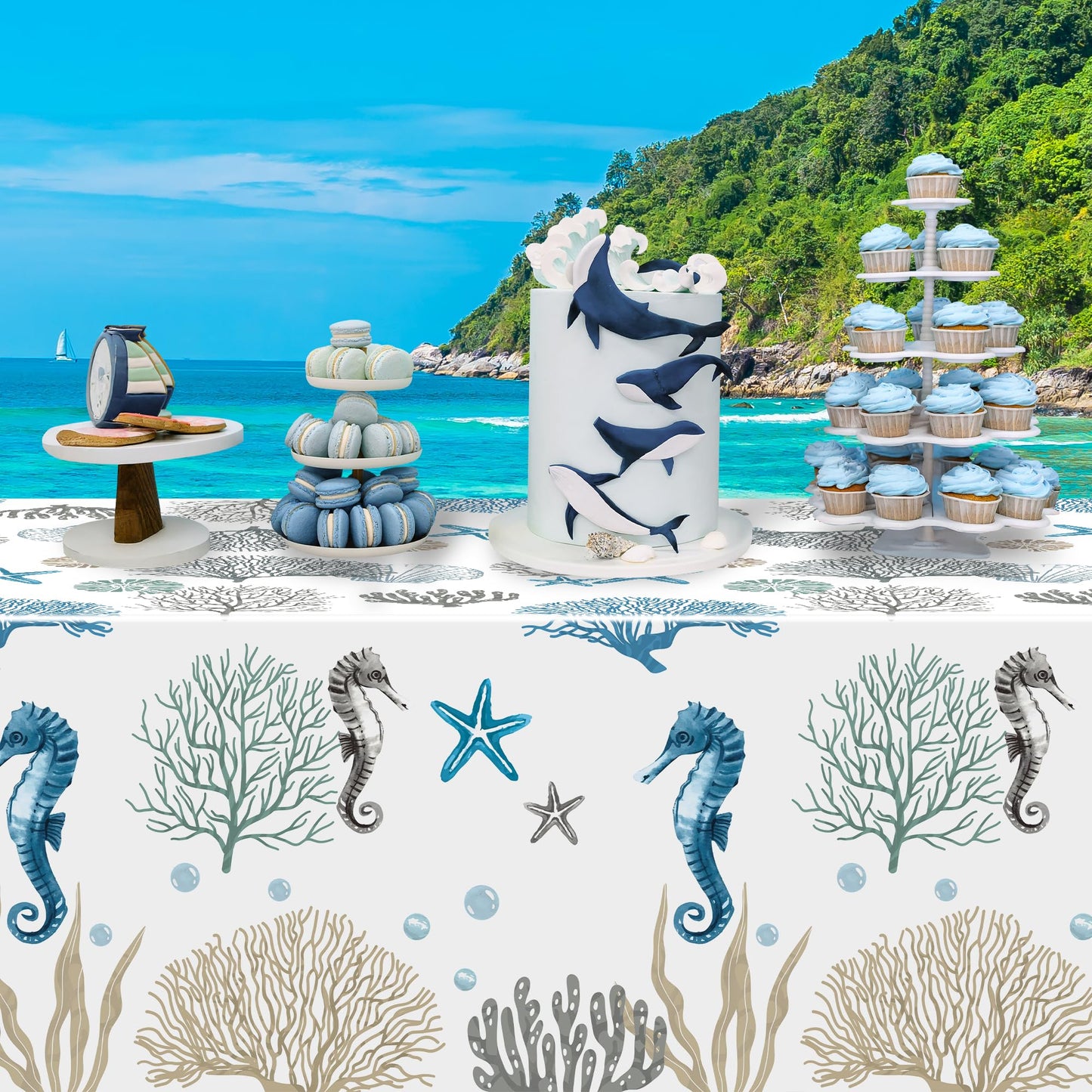 G1ngtar 3Pcs Ocean Seashell Party Tablecloths - Coastal Beach Summer Disposable Plastic Waterproof Rectangular Table Covers Star