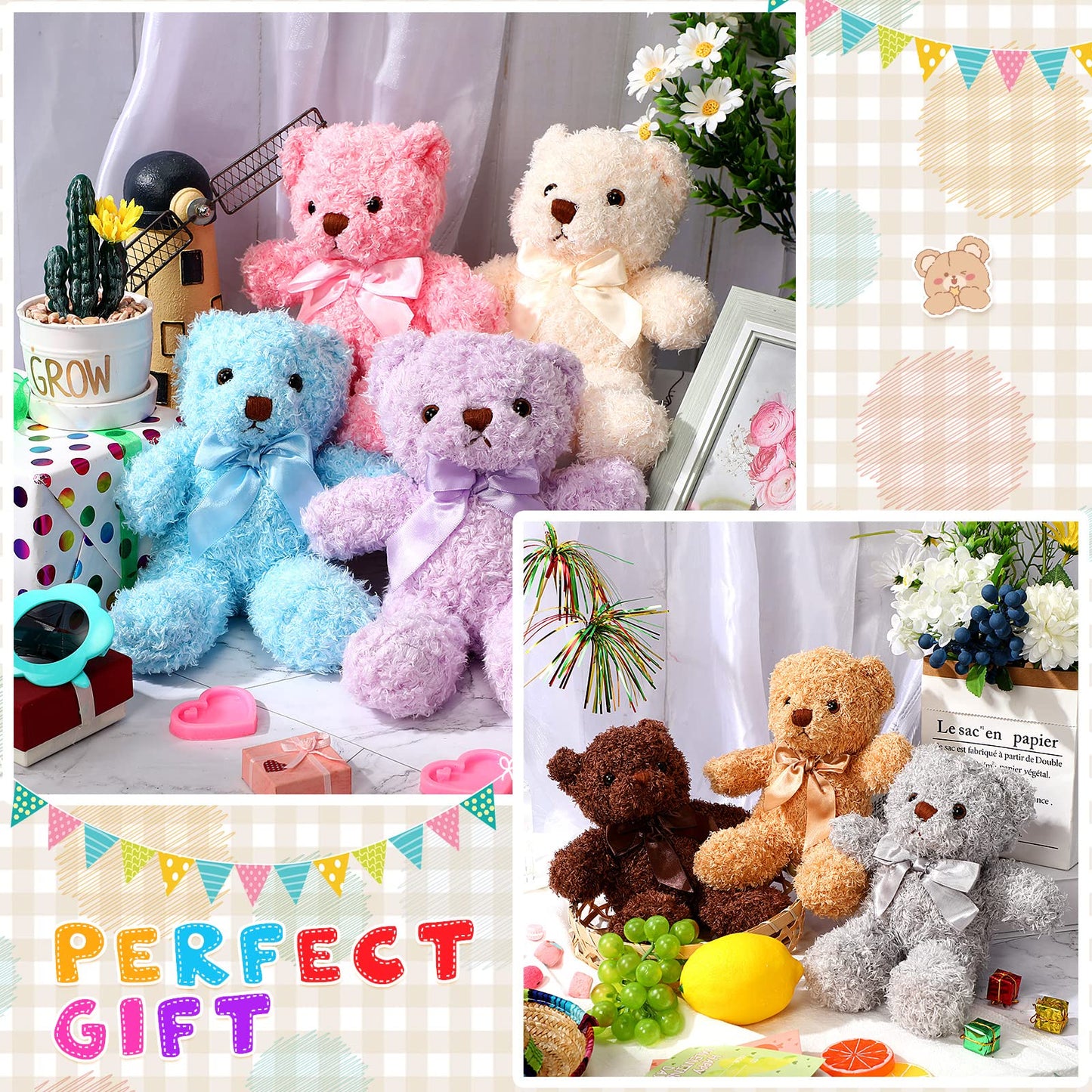 Zomiboo 7 Packs 14 Inch Plush Bear Stuffed Animals Plush Valentine Day Gift Soft Cute Stuffed Dolls Birthday Party Decorations(Bright Colors)