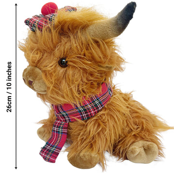 SaBrissi Wilbur Highland Cow 10 Brown Plushie Stuffed Animal with Tartan Hat & Scarf - Soft Toy for Kids