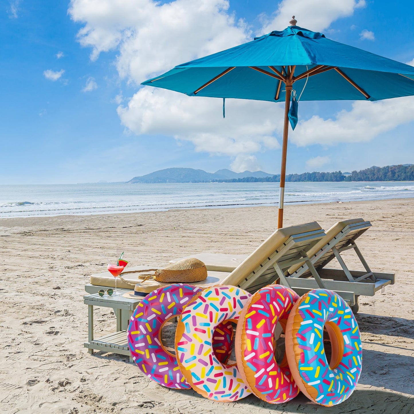Inflatable Donut Pool Float For Kids, (Pack Of 4) Colorful Sprinkle Donut Inflatables Tube In Assorted Designs, For Summer & Beach, Donut Birthday Party Decorations, Durable Water Pool Toys For Kids