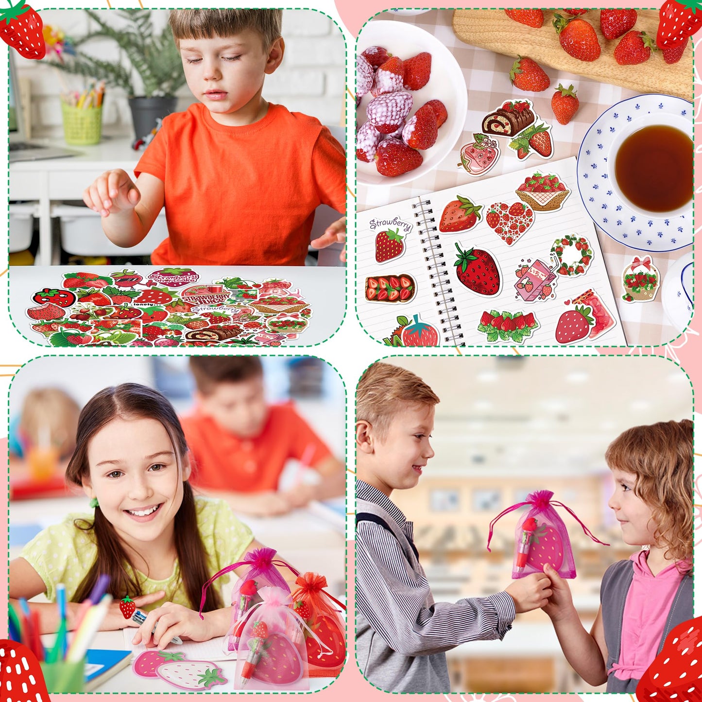 CY2SIDE Strawberry Party Stationery Set - 12 Pack Christmas Party Gifts Include 4-in-1 Ballpoint Pen Sticky Note Sticker and Org