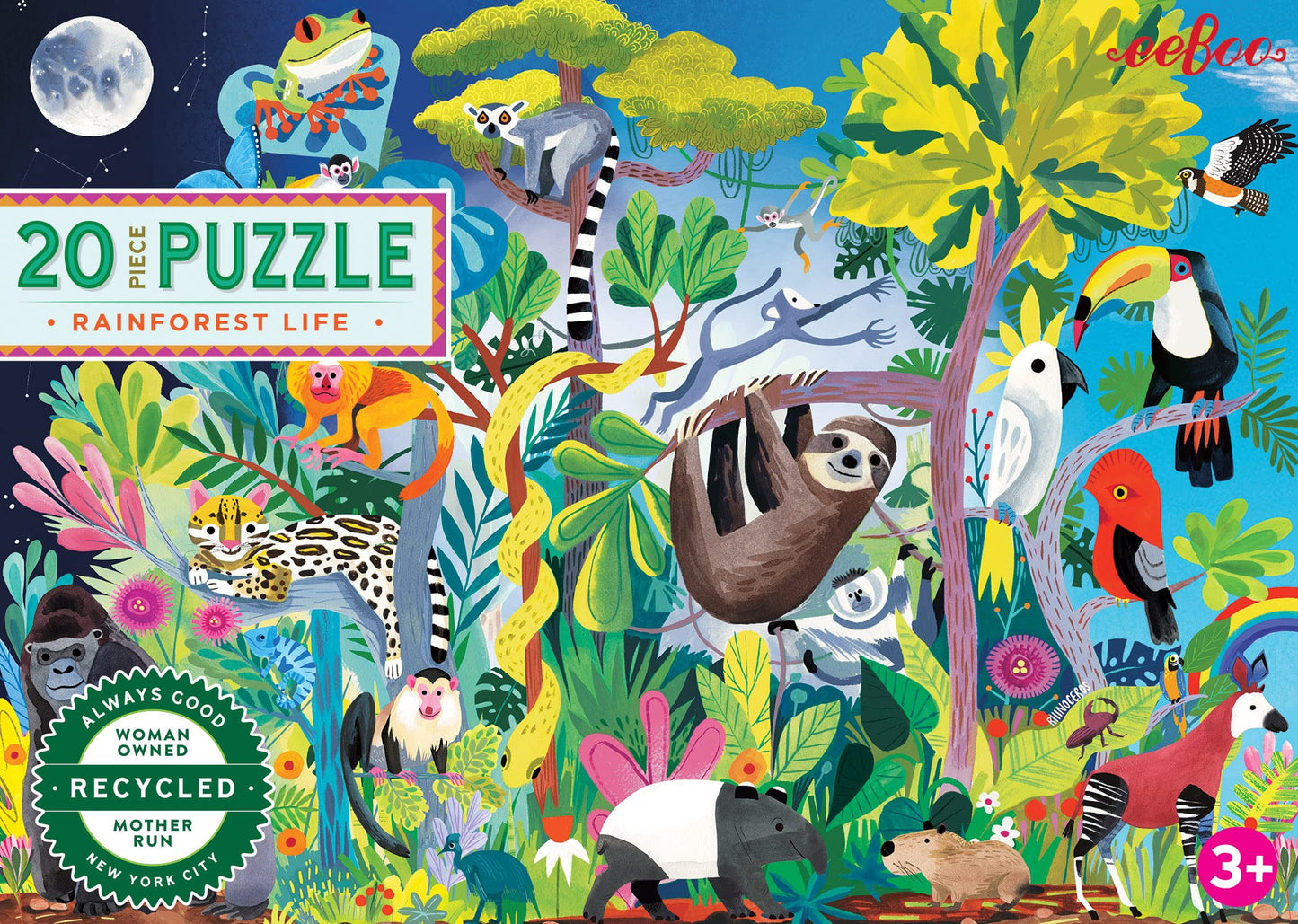 Eeboo: Rainforest Life 20 Piece Jigsaw Puzzle, Aids In Development Of Pattern, Shape, And Color Recognition, Offers Children A Challenge, Perfect For Ages 5 And Up