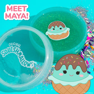 Original Squishmallows Glitter Slime, Mini Squishmallows Maya The Ice Cream Charm, Chocolate Scented Slime, 3 Fun Slime Add-Ins, Pre-Made Slime For Kids, Great 6 Year Old Toys, Sludge Toy
