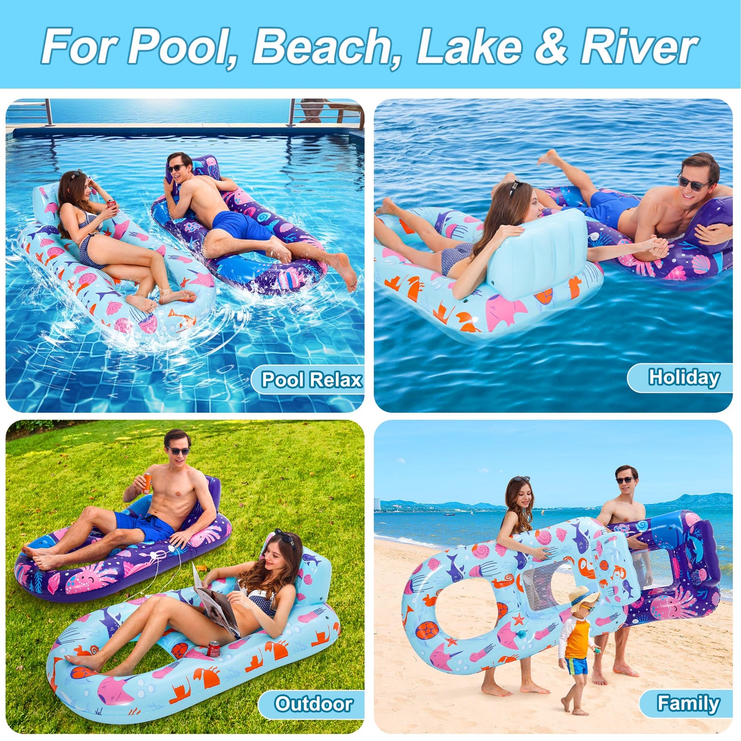 PuppyuWill 2 Pack Pool Floats mature-themed Inflatable Pool Lounger Float Heavy Duty with Cup Holder Backrest & Footrest Pool Lounge Float Extra Large Pool Rafts for mature-themeds Beach Lake Party