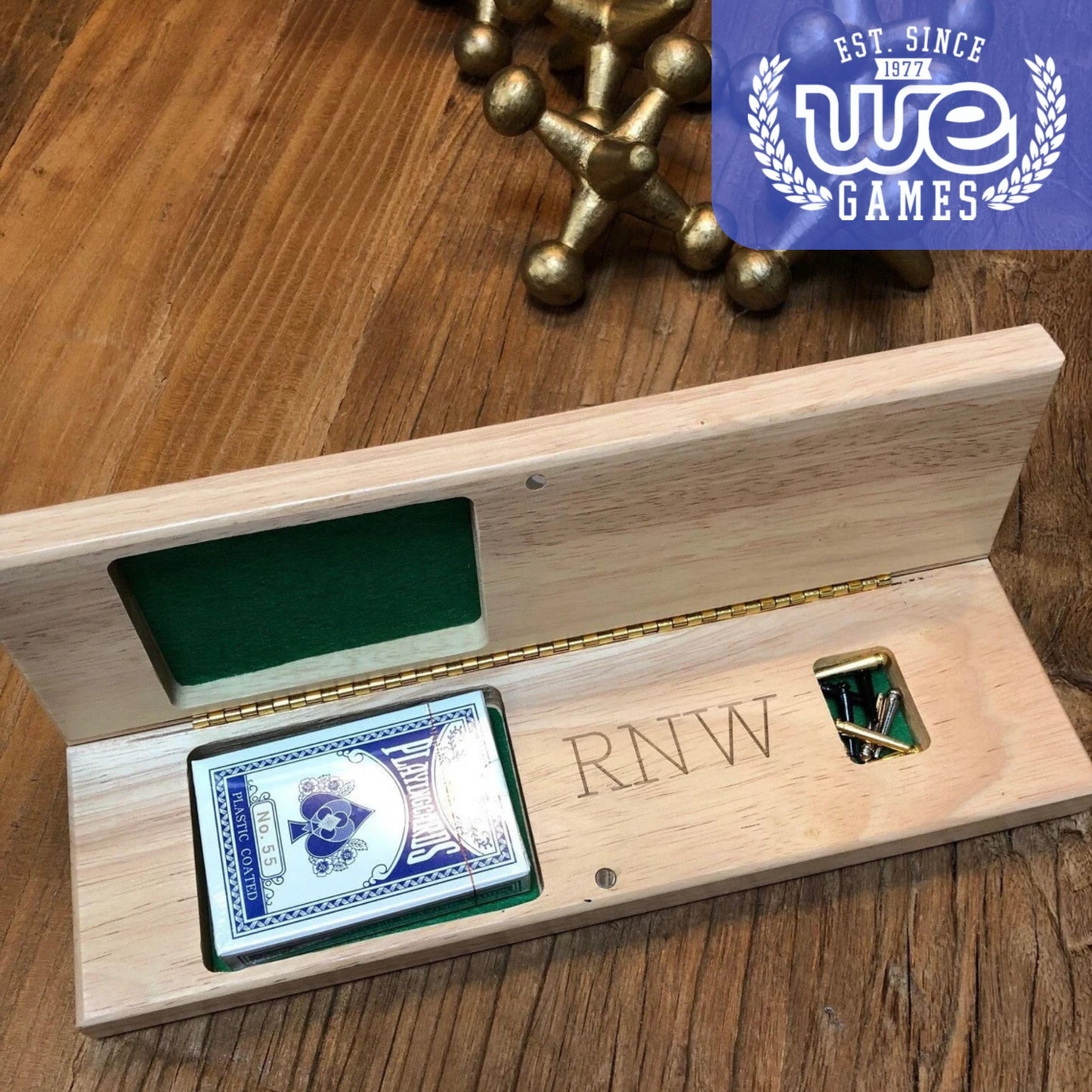 WE Games Custom Engraved Wooden Cribbage Game Set Natural Stain, Continuous 3 Track for 2-3 Players, Travel Cribbage Board with