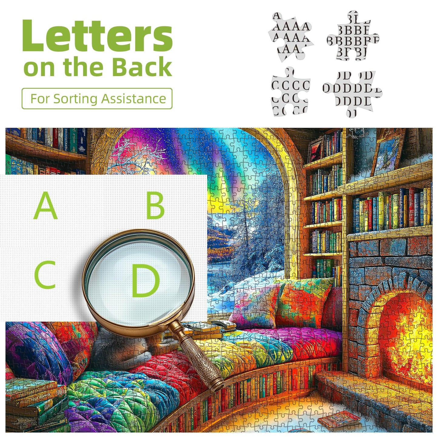Northern Lights Landscape Jigsaw Puzzles For Adults Fantasy Fairy Cat 1000 Piece Book Room Puzzle For Adults With Letters On Bac