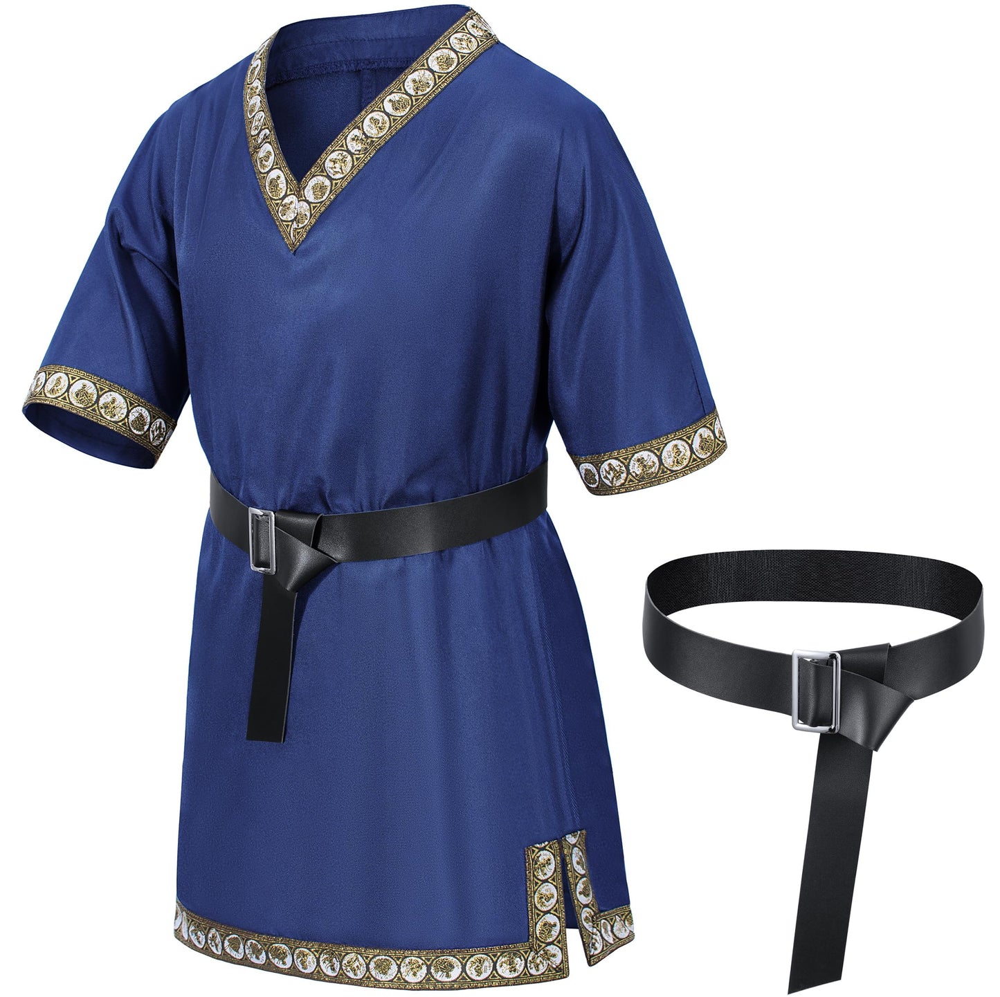 Kids Medieval Costume Boys Viking Tunic Knight Warrior Renaissance Shirts With Belt 8-10 Years Blue