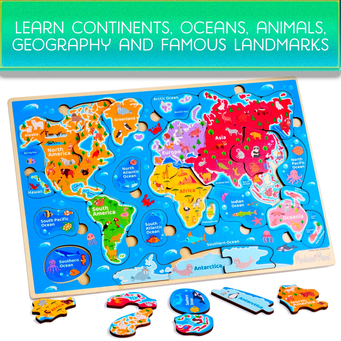 Montessori Mama Wooden Puzzles For Kids Ages 4-6, Usa States And Capitols, World Continents And Oceans Kids Puzzles, Combo Set 2 Toddler Puzzles