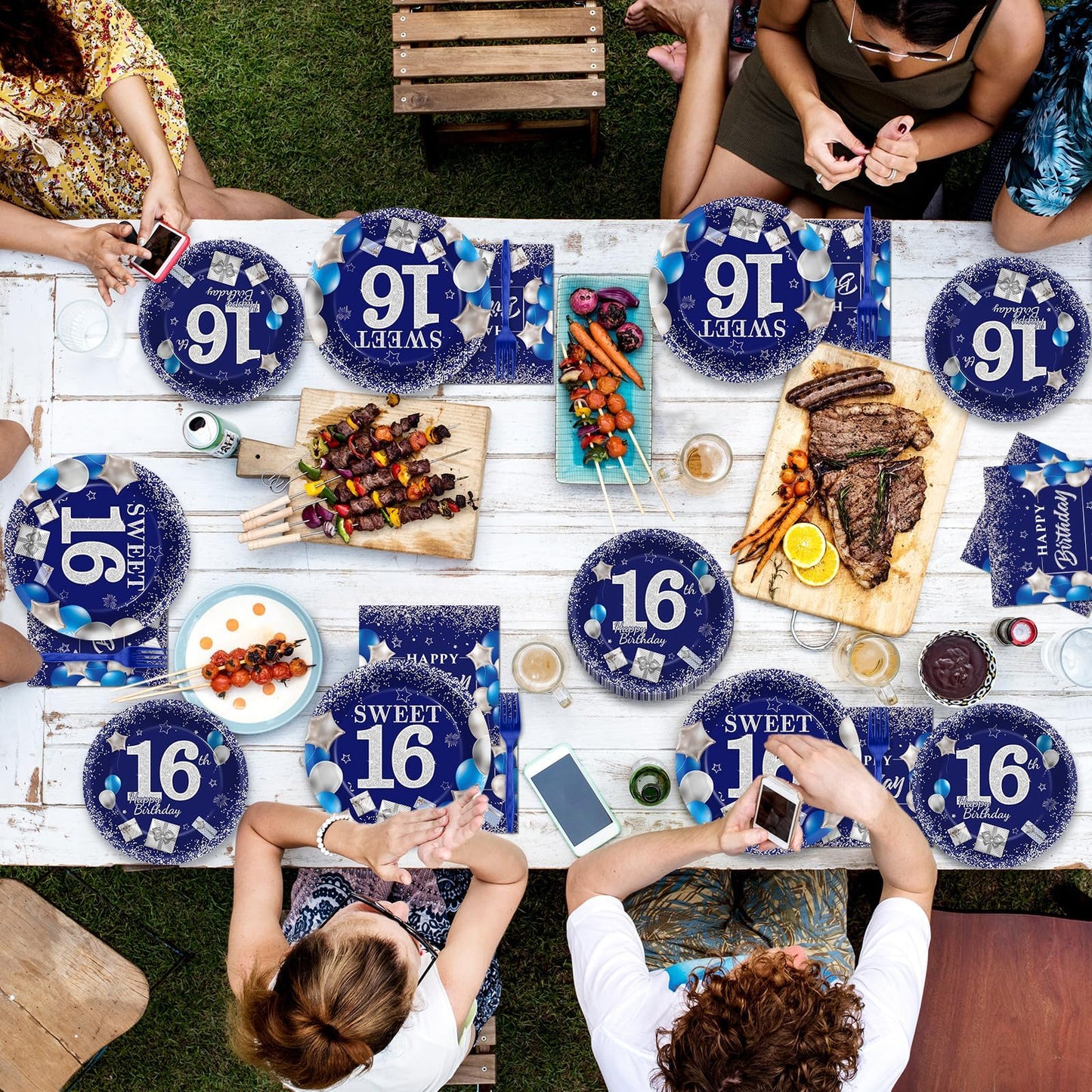 gisgfim 96Pcs 16th Birthday Plates and Napkins Party Supplies Sweet 16 Birthday Party Tableware Set Blue Silver 16th Birthday De