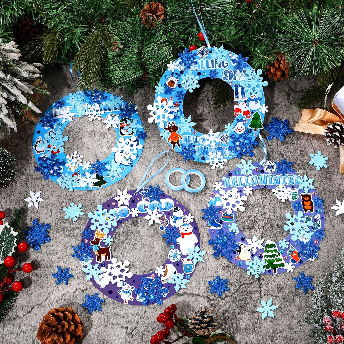 Hollowfly 48 Sets Winter Wreath Craft Kits DIY Snowflake Wreath Hanging Ornaments Make Your Own Paper Craft with Stickers for Wi