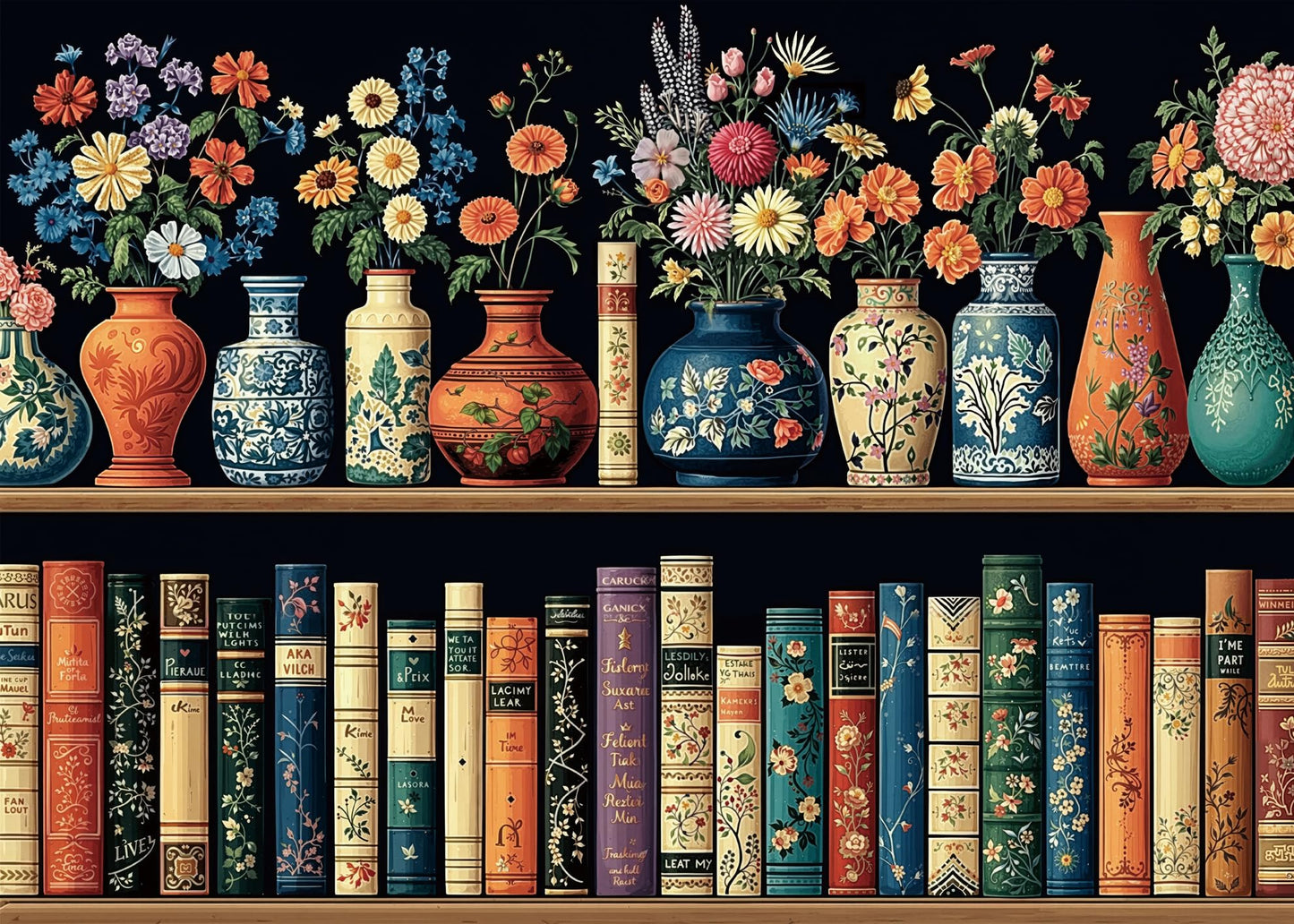 Vintage Books Flower Puzzles for Adults 1000 Pieces Vase Library Art Aesthetic Bookshelf Wildflower Pages Floral Jigsaw Puzzle I