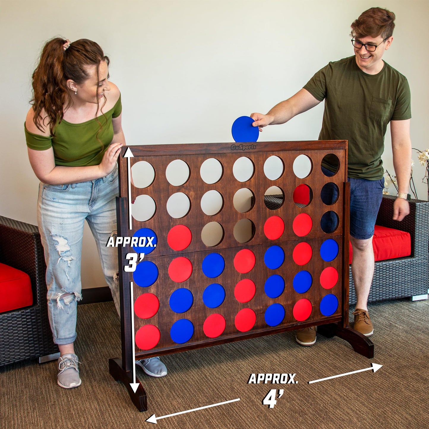 Gosports 4 Foot Width Giant Portable 4 In A Row Game - Huge Size With Carry Case And Rules, Brown