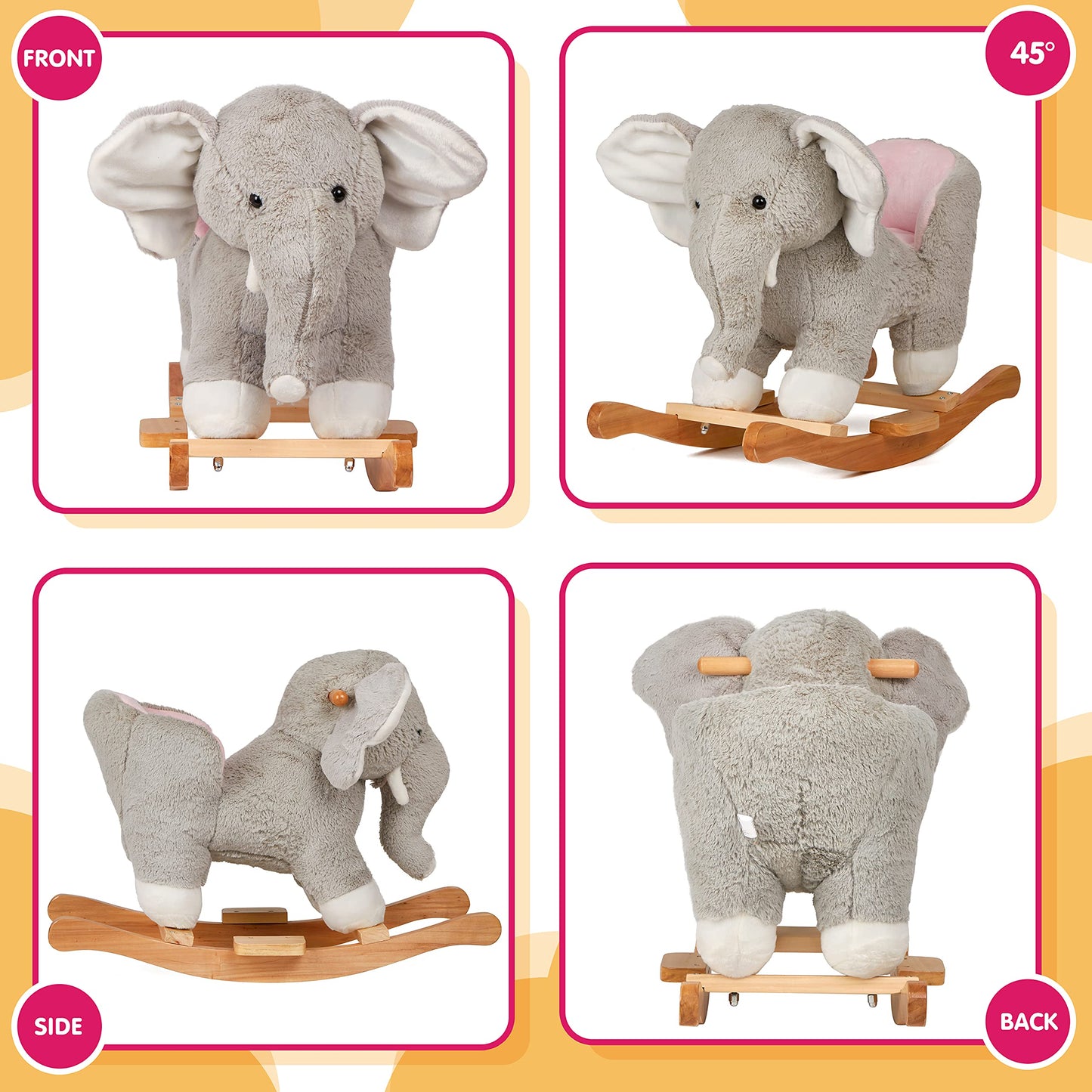 Specialyou Baby Rocking Horse Wooden Rockers With Seat Elephant Rocking Horse Ride Plush Stuffed Animals Toy -Set Of 2, Boy Girl Kids Ride On Toys For 10 Months To 3 Years Old, 25' Lx10 Wx16 H, Gray
