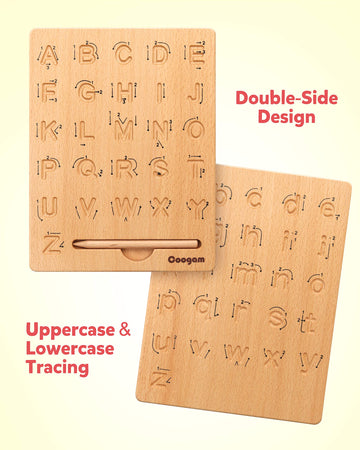 Coogam Wooden Alphabet Tracing Board - Double-Sided Educational Toy, 8x7x1 inches, Brown, Montessori Gift for Kids Age 3-5