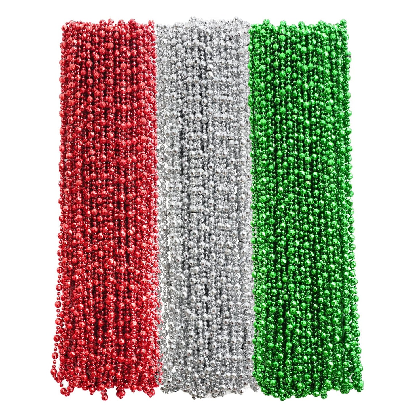 Dyhayaer 100Pcs Christmas Mardi Gras Beads Necklaces Bulk (7mm 33Inch), Green, Silver, Red Metallic Costume Beaded Necklaces for