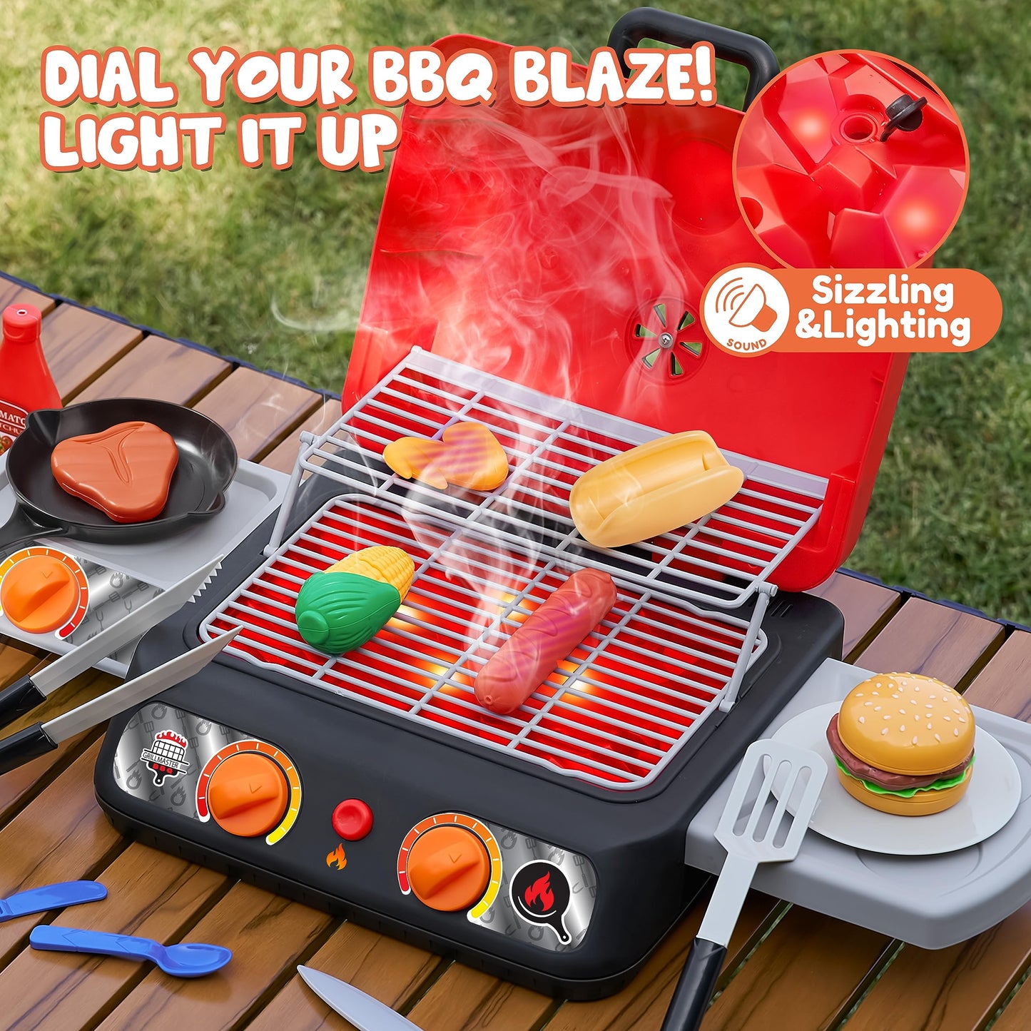Kids BBQ Grill Playset, Kitchen Toy Set with Pretend Smoke, Light, Sound & Color-Changing Food, Toy Kitchen Accessories, Indoor
