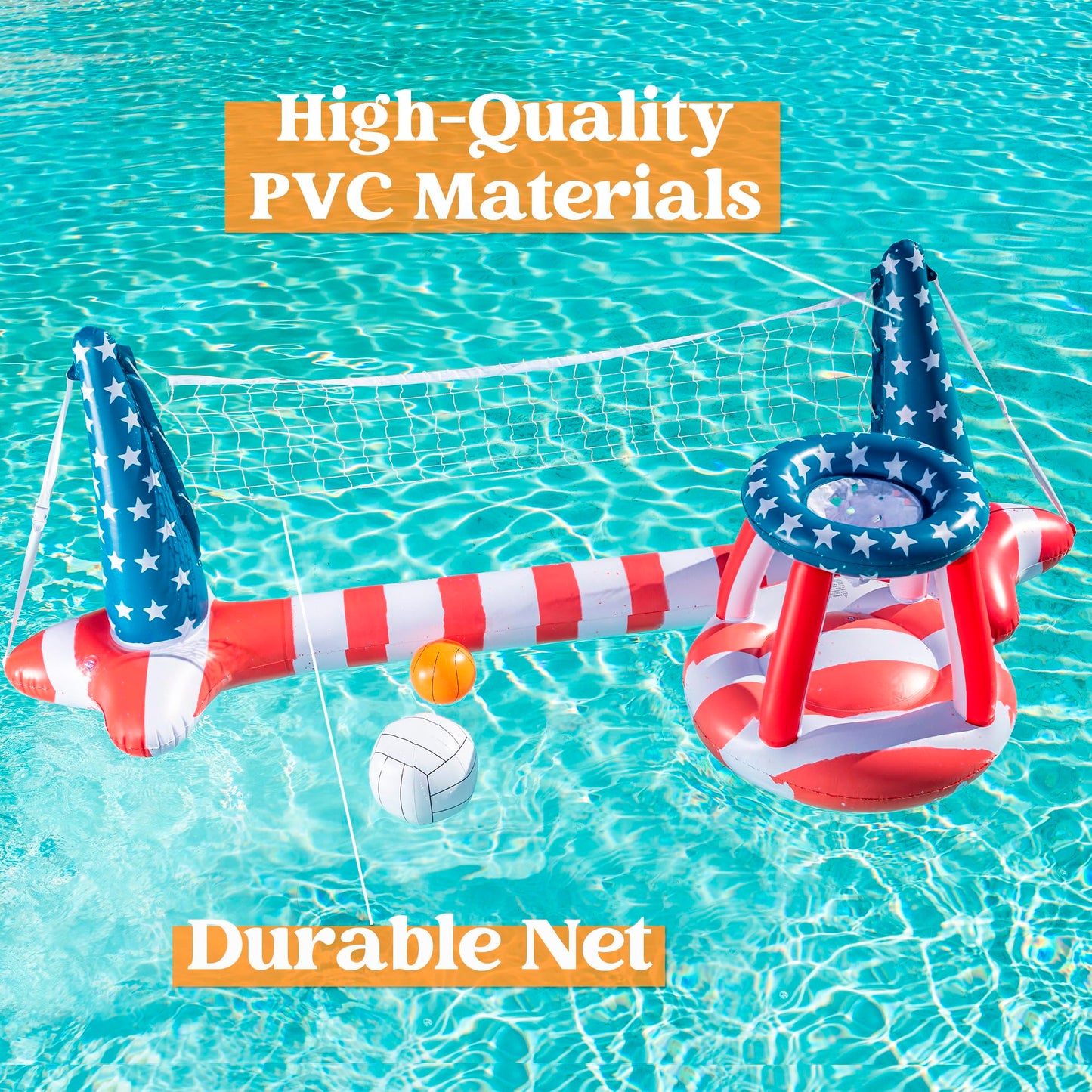 Inflatable Pool Floats Set American Flag Volleyball Net & Basketball Hoops, Swimming Pool Game Toy For Kids And Adults, Floating, Volleyball Court (105”X28”X35”)|Basketball (27”X23”X27”), Red White