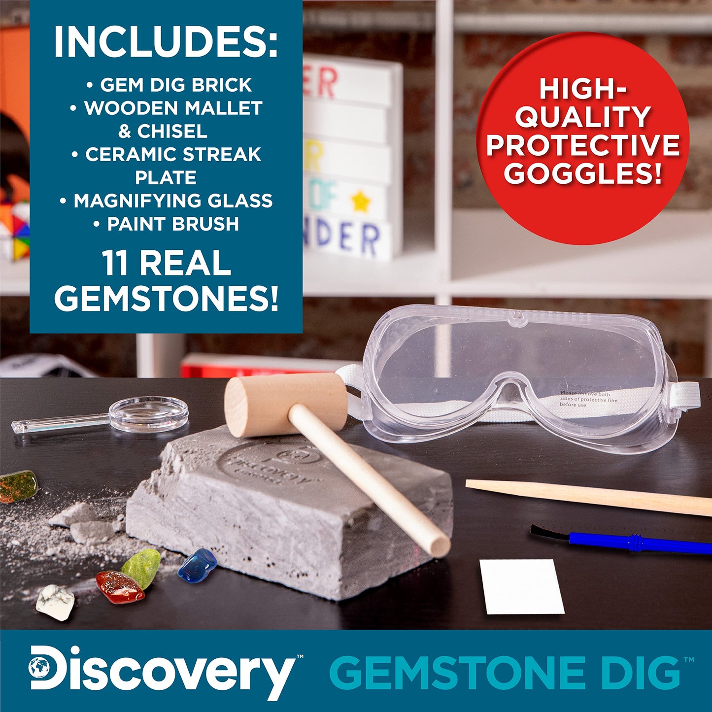 Discovery Kids Gemstone Dig STEM Science Kit, Excavation Tools, 11 Real Gemstones, Multicolor, Model 765940700686