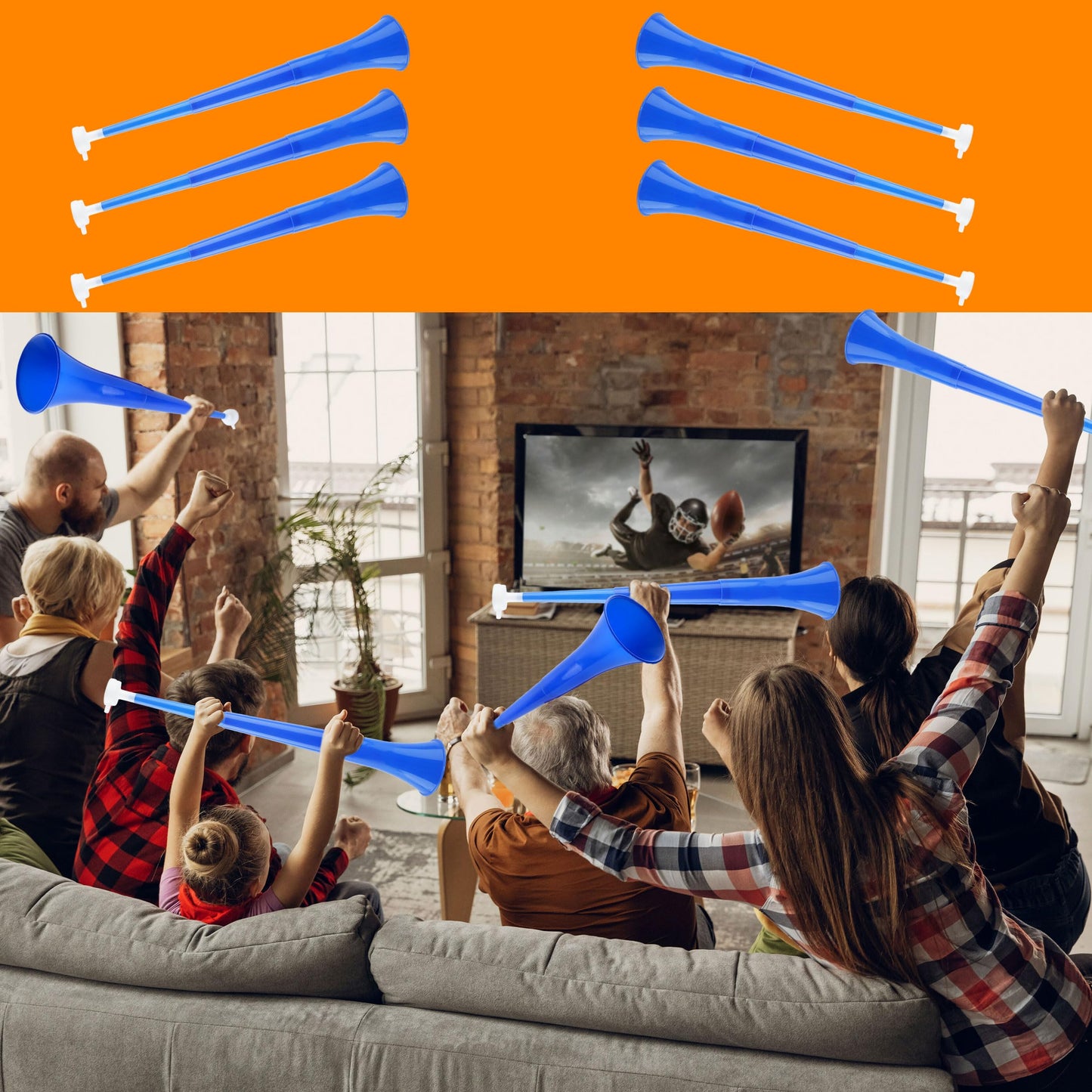 Cagemoga 6 Pieces Collapsible Stadium Horn 24 Inch Plastic Trumpet Horn Stadium Horn Noise Maker For Sporting Events Sports Themed Party Supplies (Blue)
