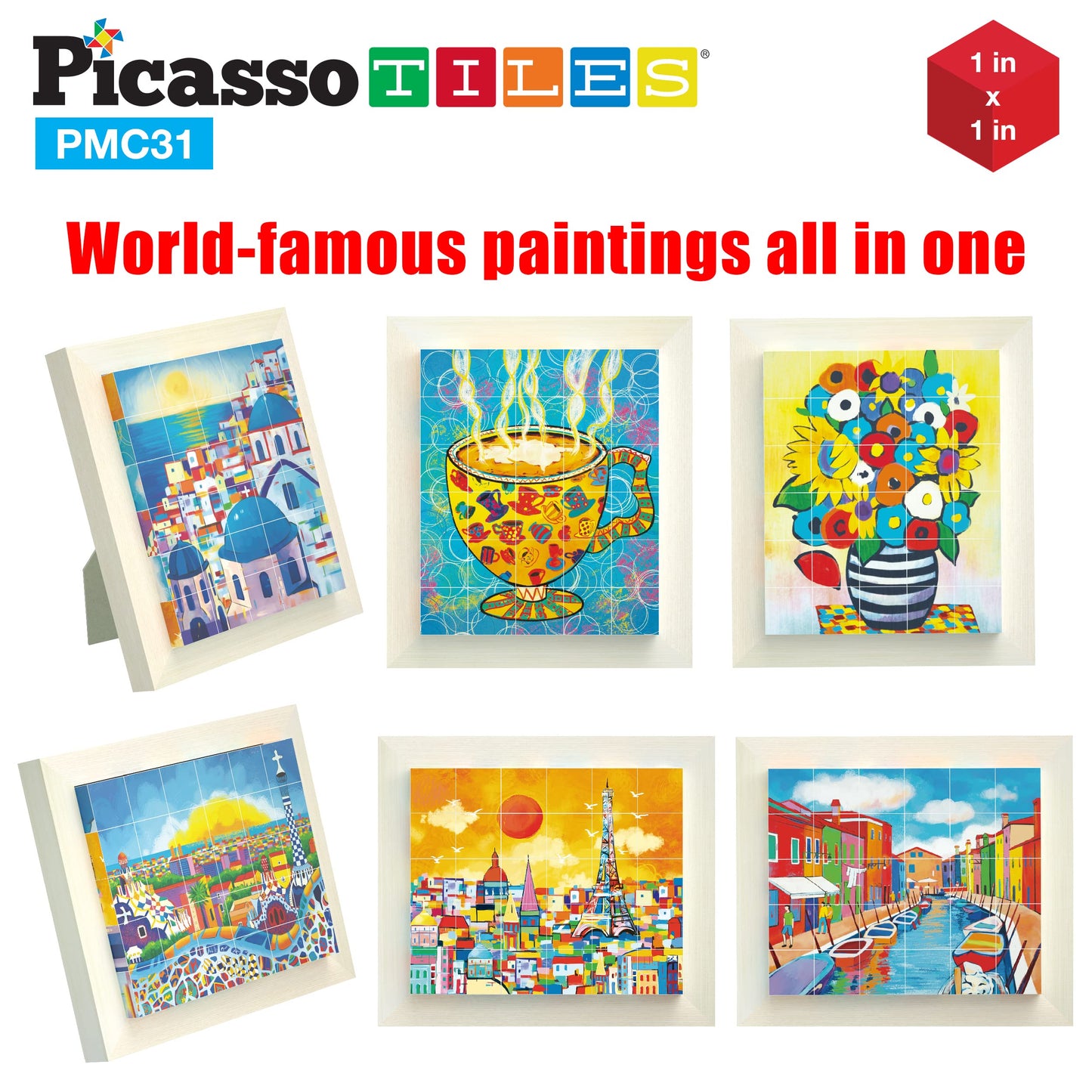 Picassotiles 6-In-1 World Famous Painting Puzzles Magnetic Cubes Toy_Building_Block, Spain Park Guell, Paris Eiffel Tower, Greec