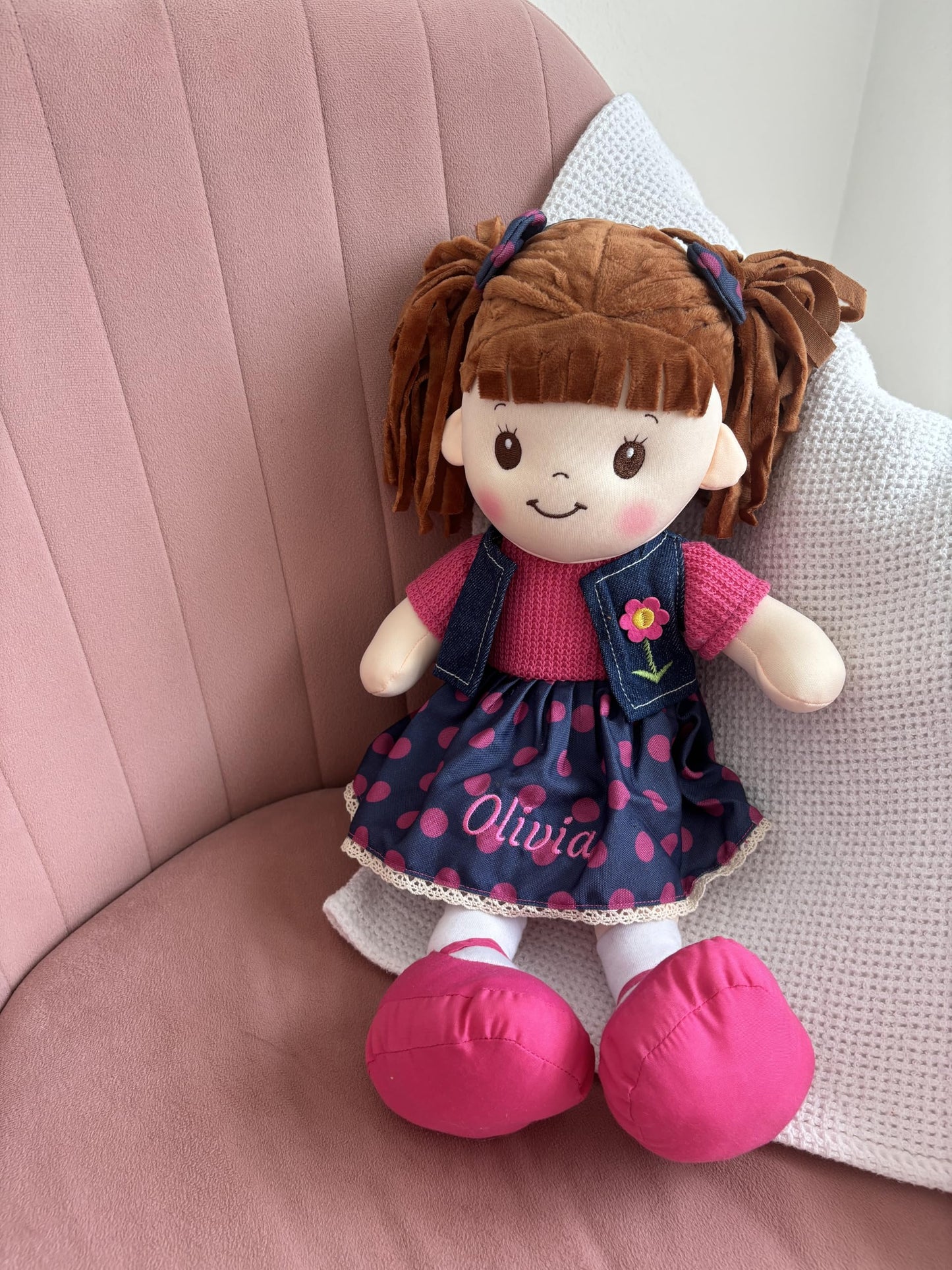 Personalized Snuggle Dolls, Custom Soft Brunette Baby Rag Doll, Pink Polka Dot Skirt, 16 Inches, Muecas De Trapo Personalizadas