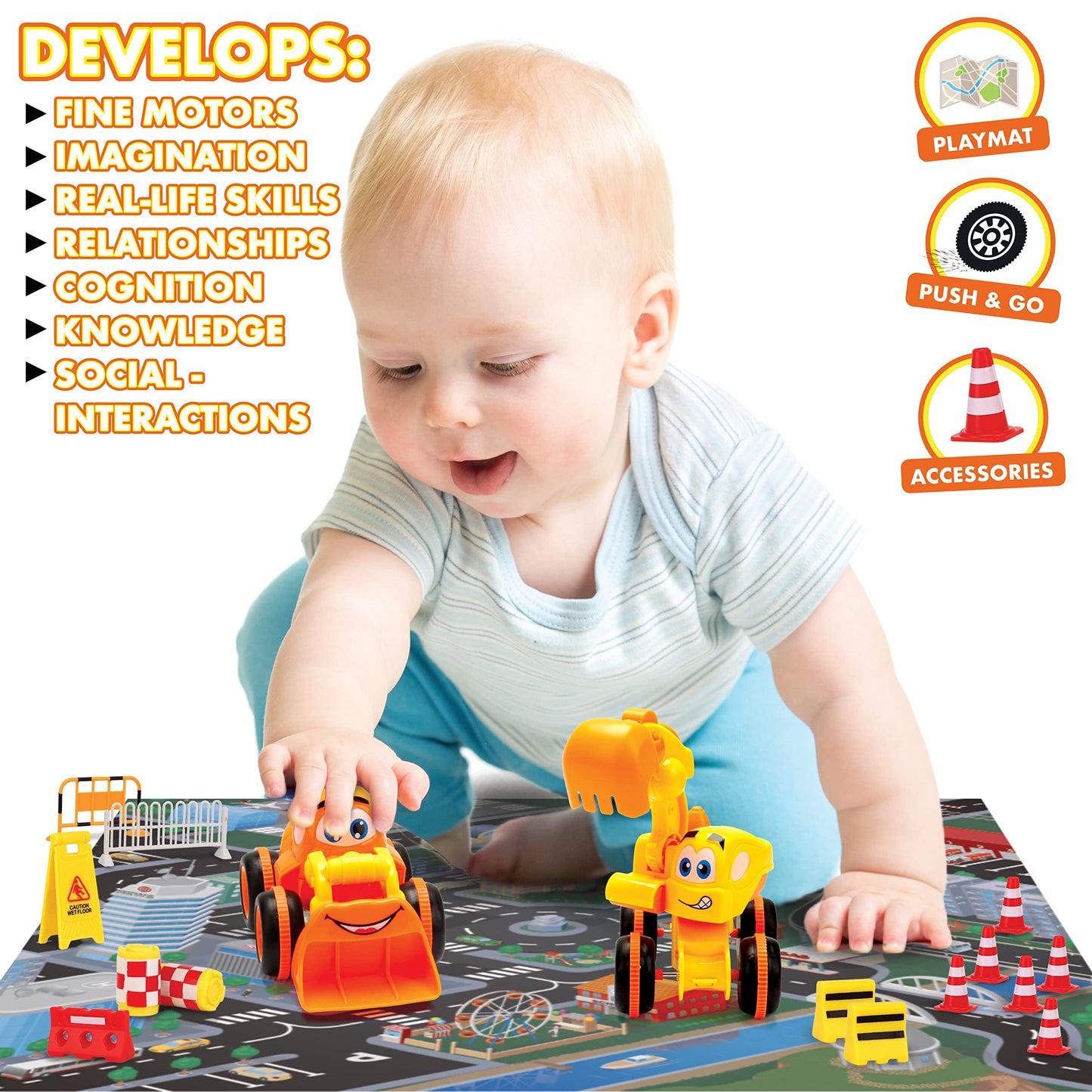 Toys for 3 Year Old Boy - 3 Friction Powered Trucks for 3+ Year Old Boys, Playmat & 16 Accessories, Push & Go Cars Cartoon Const