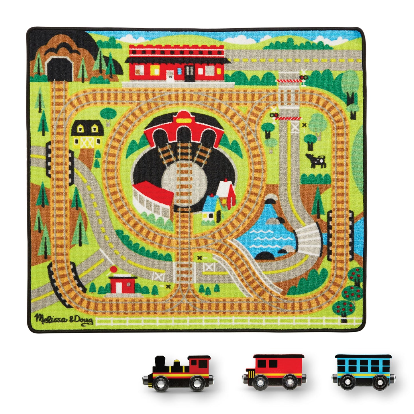 Melissa & Doug Round The Rails Train Activity Play Rug, 3 Wooden Train Cars (39' X 36')