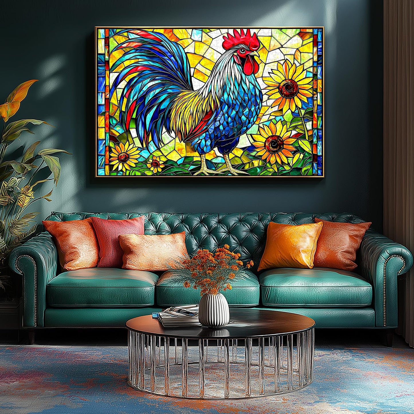 MINIWAN Stained Glass Rooster 1000 Piece Puzzle for Adults - Colorful Mosaic Jigsaw with Letters on Back, Challenging Family Fun