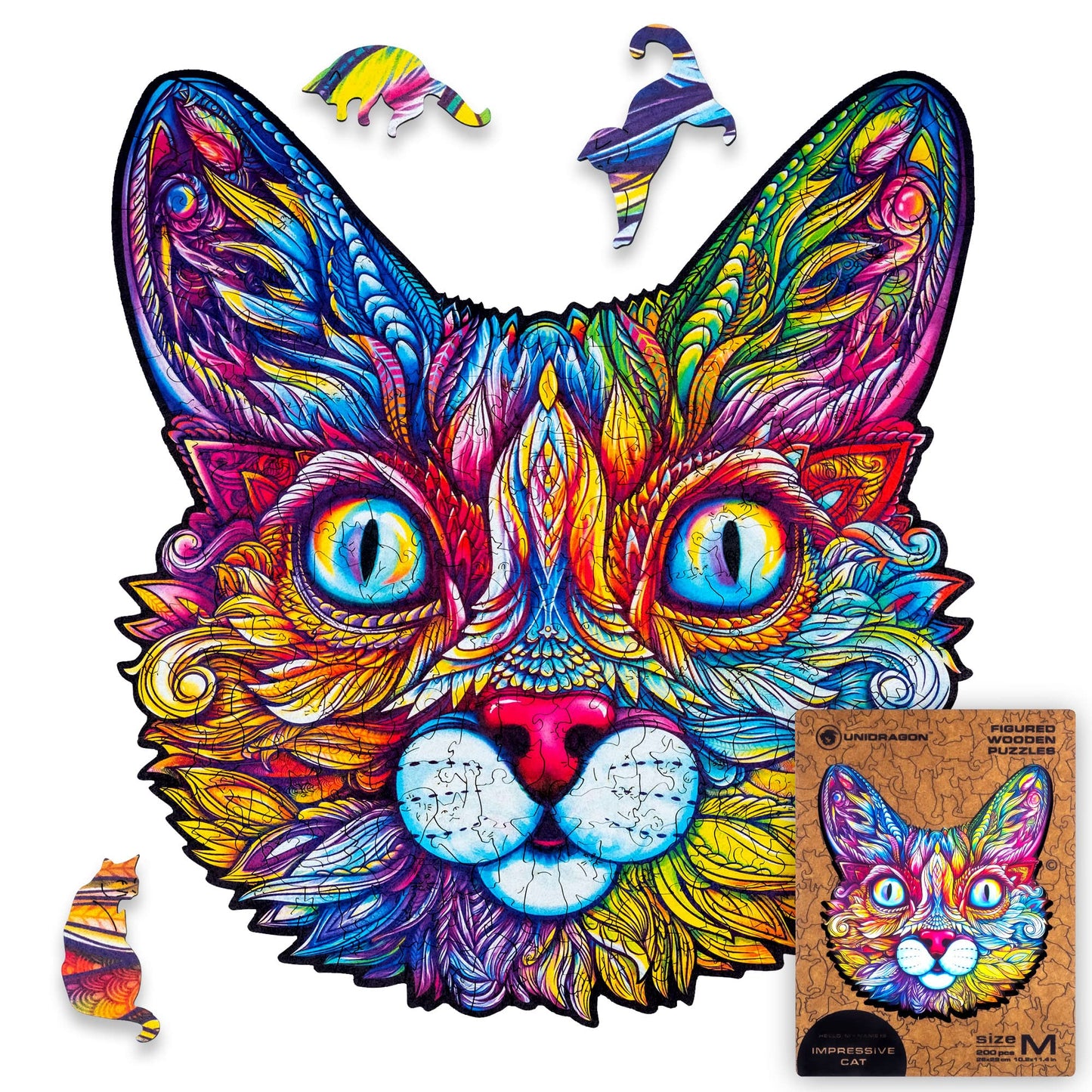 Unidragon Original Wooden Jigsaw Puzzles - Impressive Cat, 200 Pcs, Medium 11.4'X11.8', Beautiful Gift Package, Unique Shape Best Gift For Adults And Kids