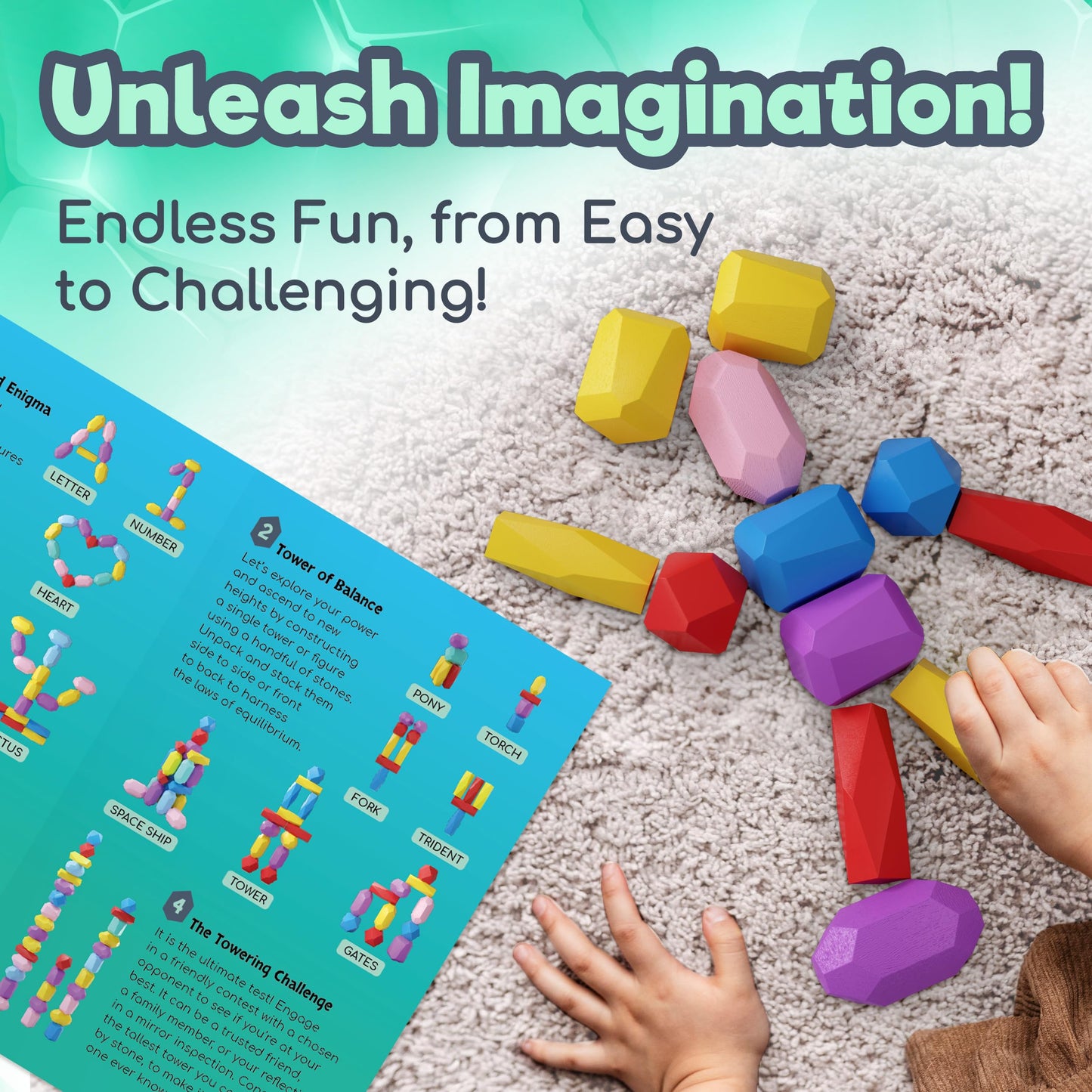 Eversmart Wooden Stacking Blocks - Montessori Toys For 1 2 3 4 5 6 Year Old Toddlers And Kids, No Choking Hazard - Building Rock