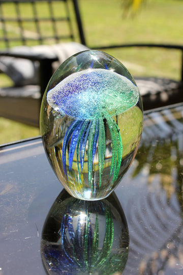 Teal Art Glass Jellyfish 4.5' Glow In The Dark