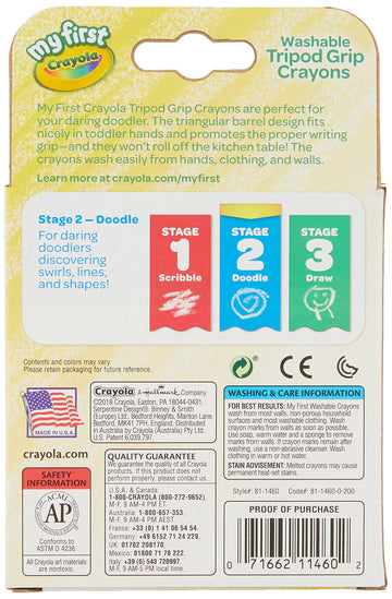 Crayola My First Washable Toddler Crayons, Tripod Grip, Gift, 8 Count