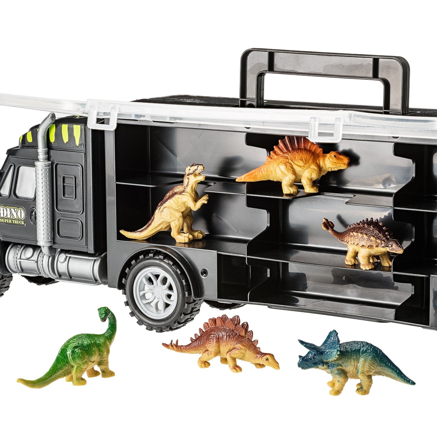 PREXTEX 16'' Dinosaur Truck Carrier Playset with 6 Mini Plastic Dinosaurs, Dinosaur Toy Trucks for Toddler Boys 3 to 5 Years Old