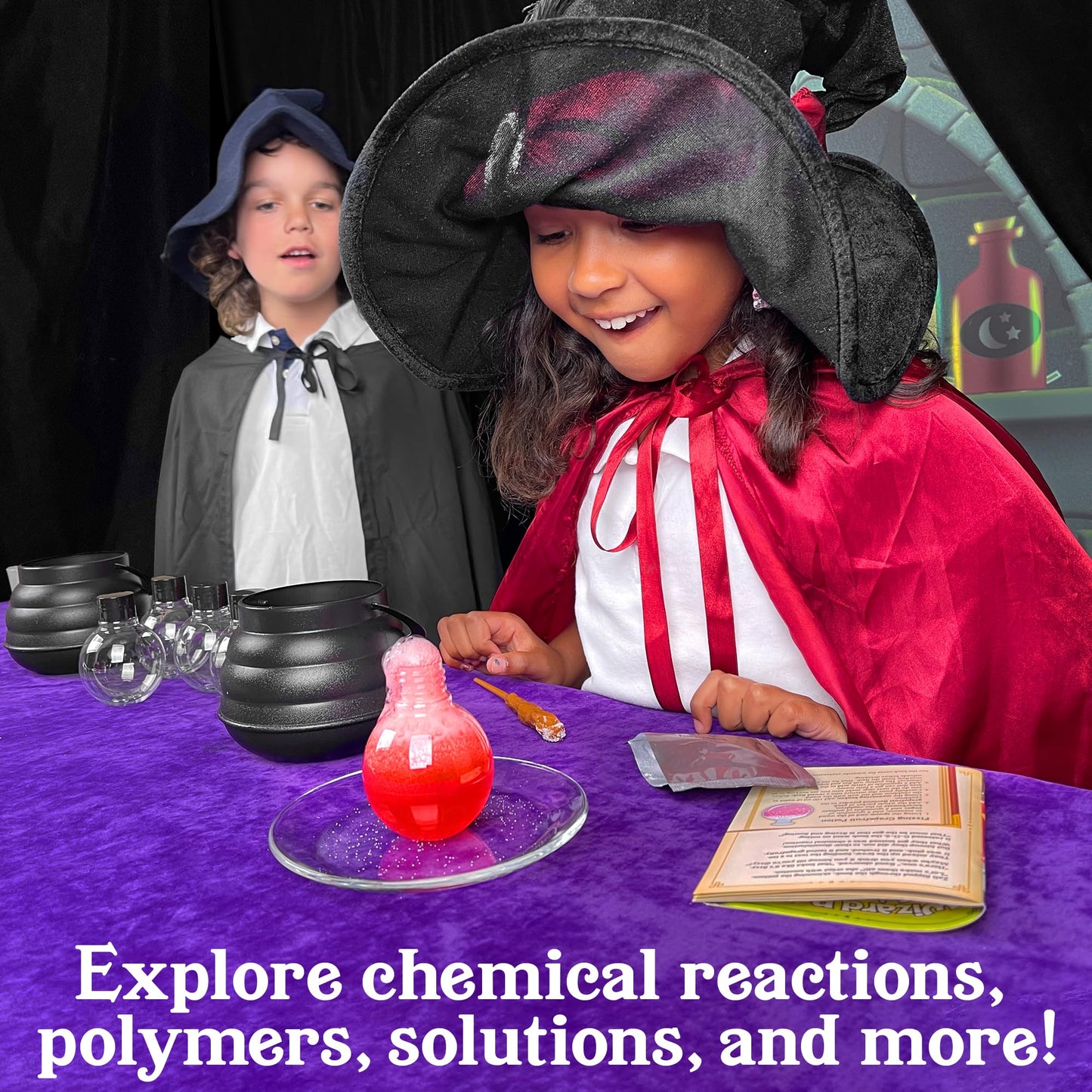 Tasty Labs Wizard Potion Science Kit - Make 5 Magical Potions, Chemistry Experiments Safe To Drink, Includes Cauldron & Wand - Study Reactions, Polymers & More