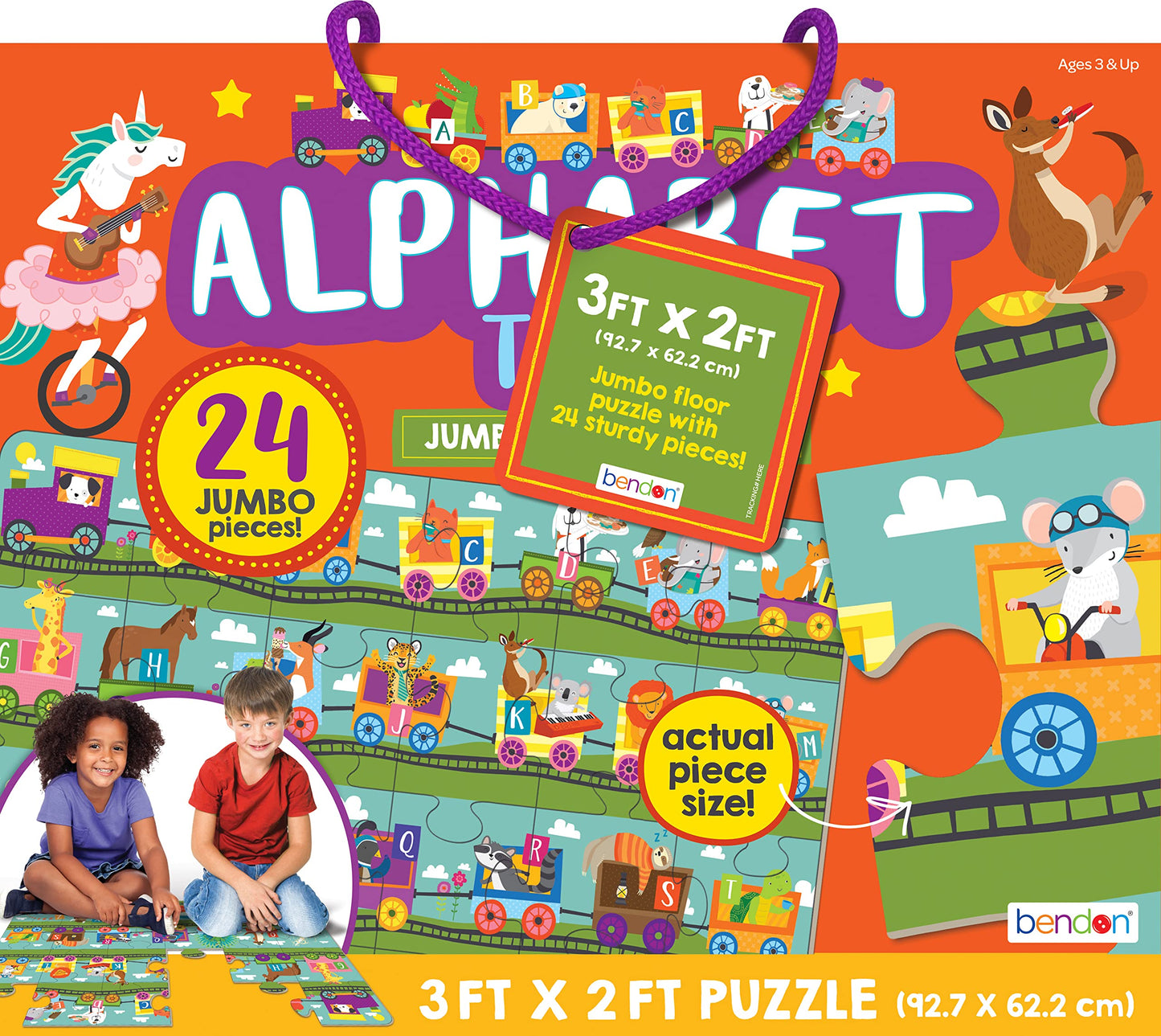 Bendon Alphabet Letter Train Shaped Jumbo Jigsaw Floor Puzzle (24 pcs, 3 x 2 feet Long) - Kids Vehicle Puzzles, Large Floor Puzz