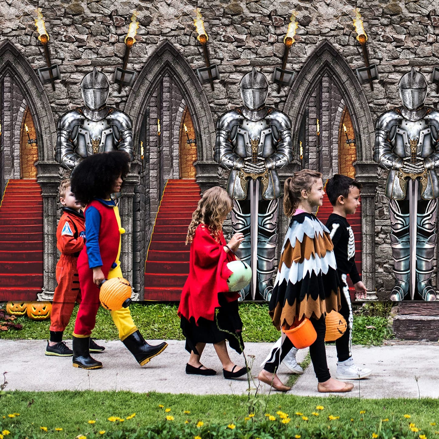 Tiamon Medieval Knight Photography Backdrop - Silver 3D Halloween Castle Entrance & Tablecloths - 3 Pack Party Decor