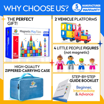 Sunny Auntie Magnetic Tiles 125 Pcs+ Bonus Zippered Case, Magnetic Tiles For Kids Toy For 3 4 5 6 7 8 Year Old Boys & Girls, Magnetic Tiles Building Set, Great Gift For Kids Aged 3-8, Xl Set