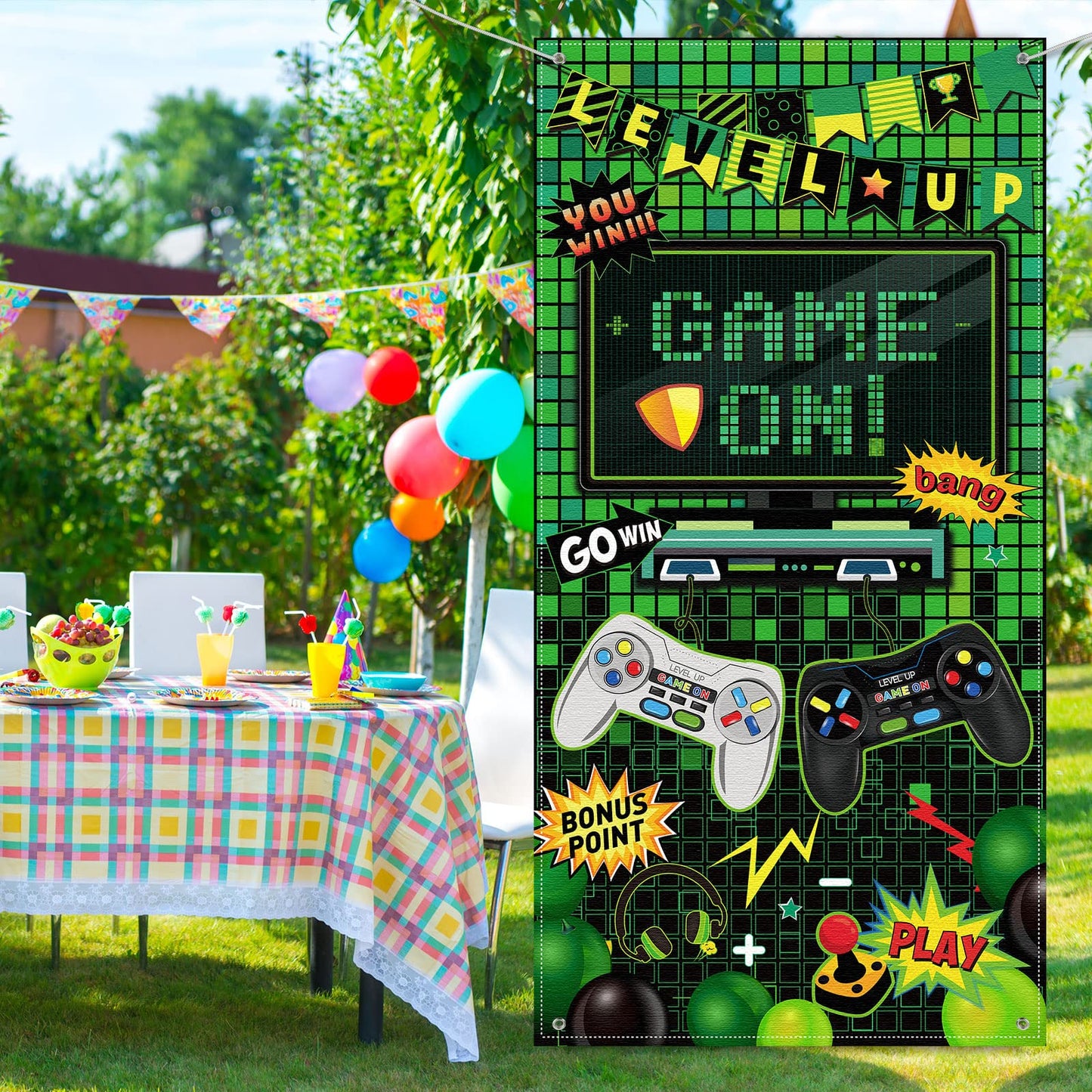 Blulu Video Game Party Decoration Video Gaming Photo Door Backdrop Game On Boys Birthday Photo Banner Gamer Room Decor For Game Fans Video Gamer Party Decoration Supplies (35.5 X 70.9 Inch)