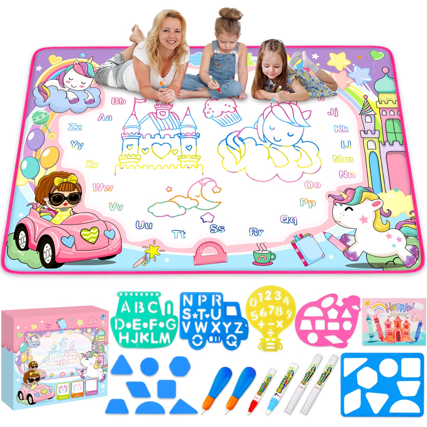 Water Doodle Mat- Kids Painting Writing Doodle Board Toy - Color Drawing Mat Bring Magic Pens Educational Toys For Age 3 4 5 6 7 8 9 10 Year Old Girls Boys Toddler Present