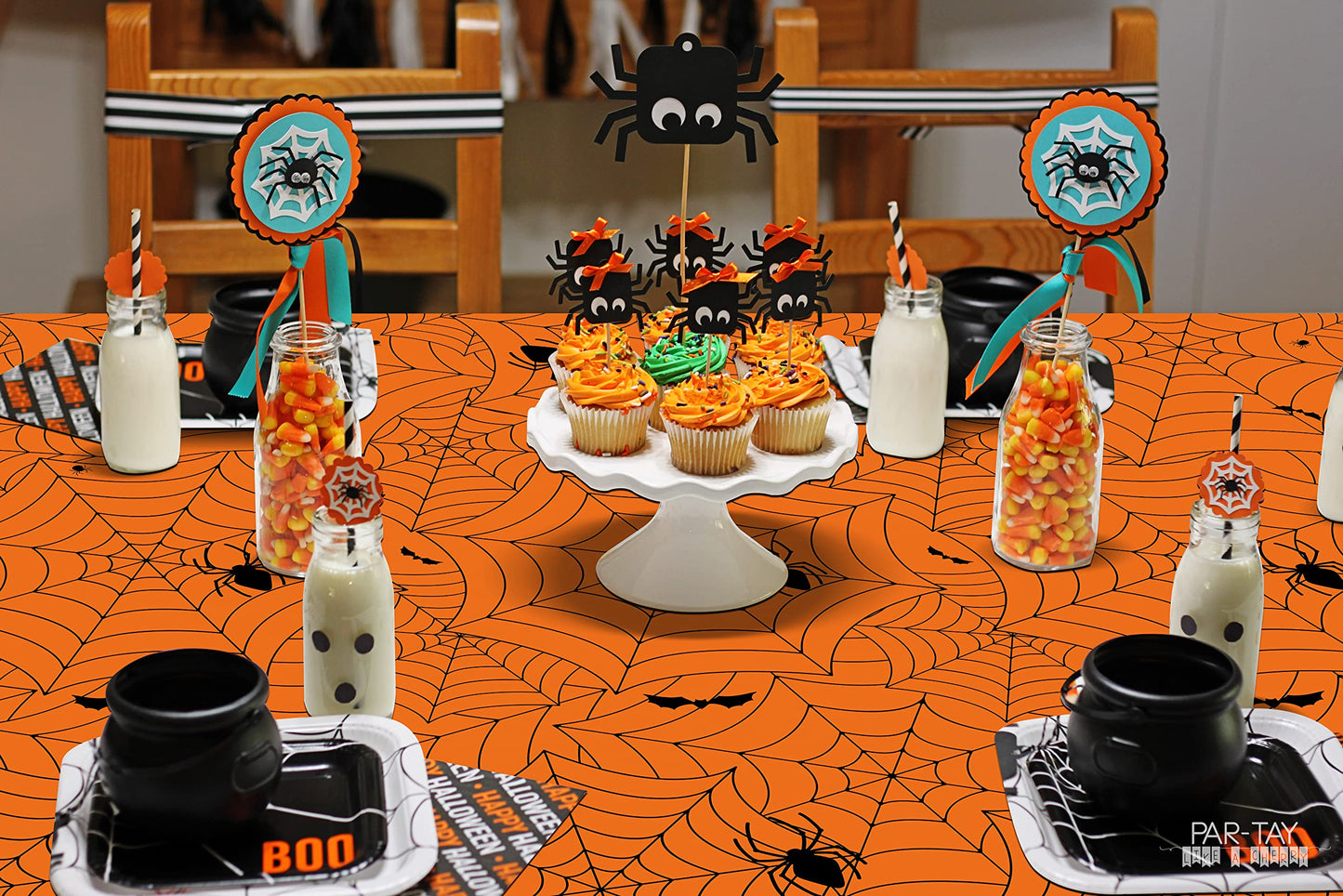Halloween Tablecloth 3Pcs Orange Spider Web Tablecloth Halloween Party Decorations Supplies Rectangular Spider Cobweb Plastic Table Cover For Halloween Baby Shower, Birthday Decorations - 54' X 108'