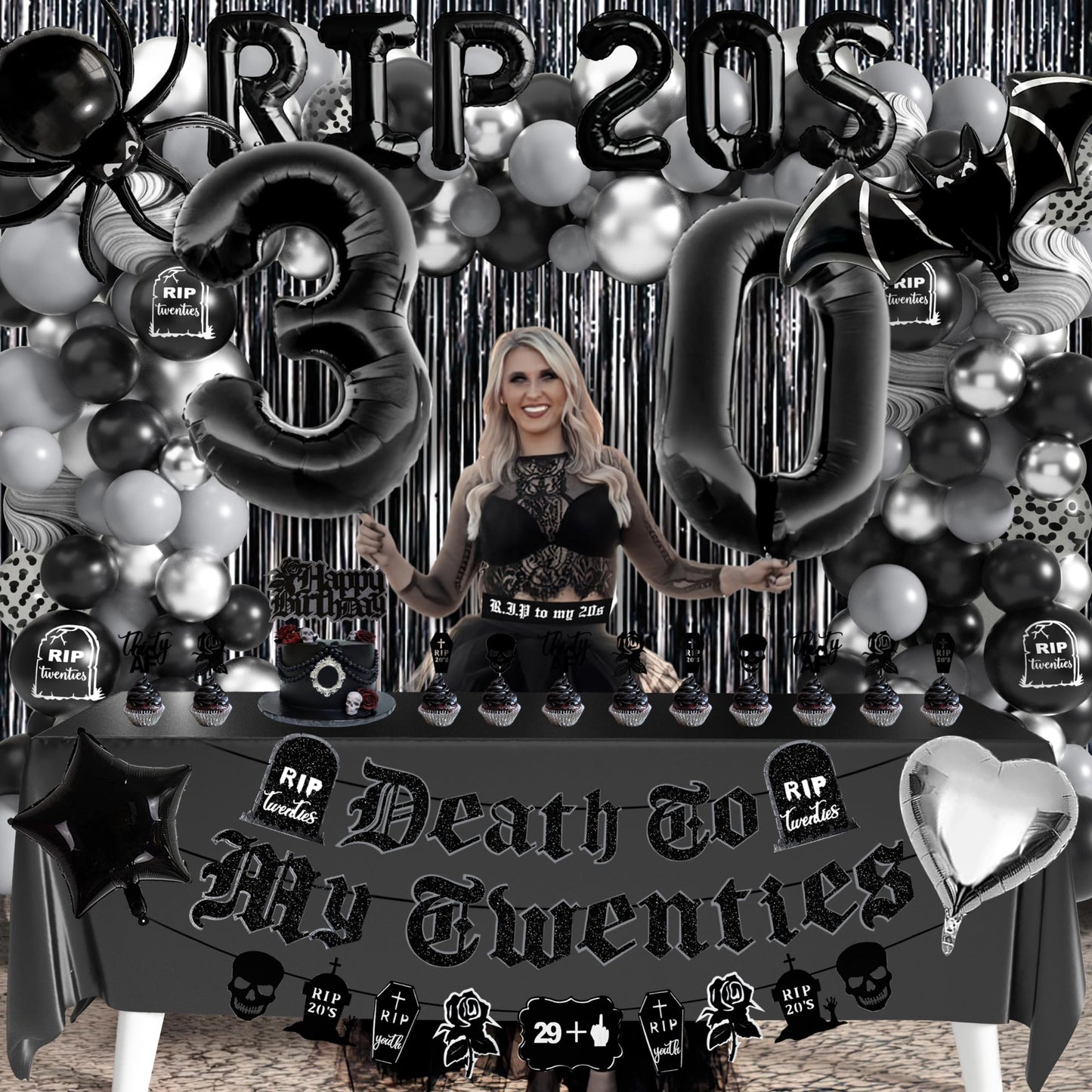 Whymeo 30Th Birthday Party Decorations Pack 97Pcs,Death To My 20S Supplies Including Banner Garland Backdrop Tablecloth Rip Sash