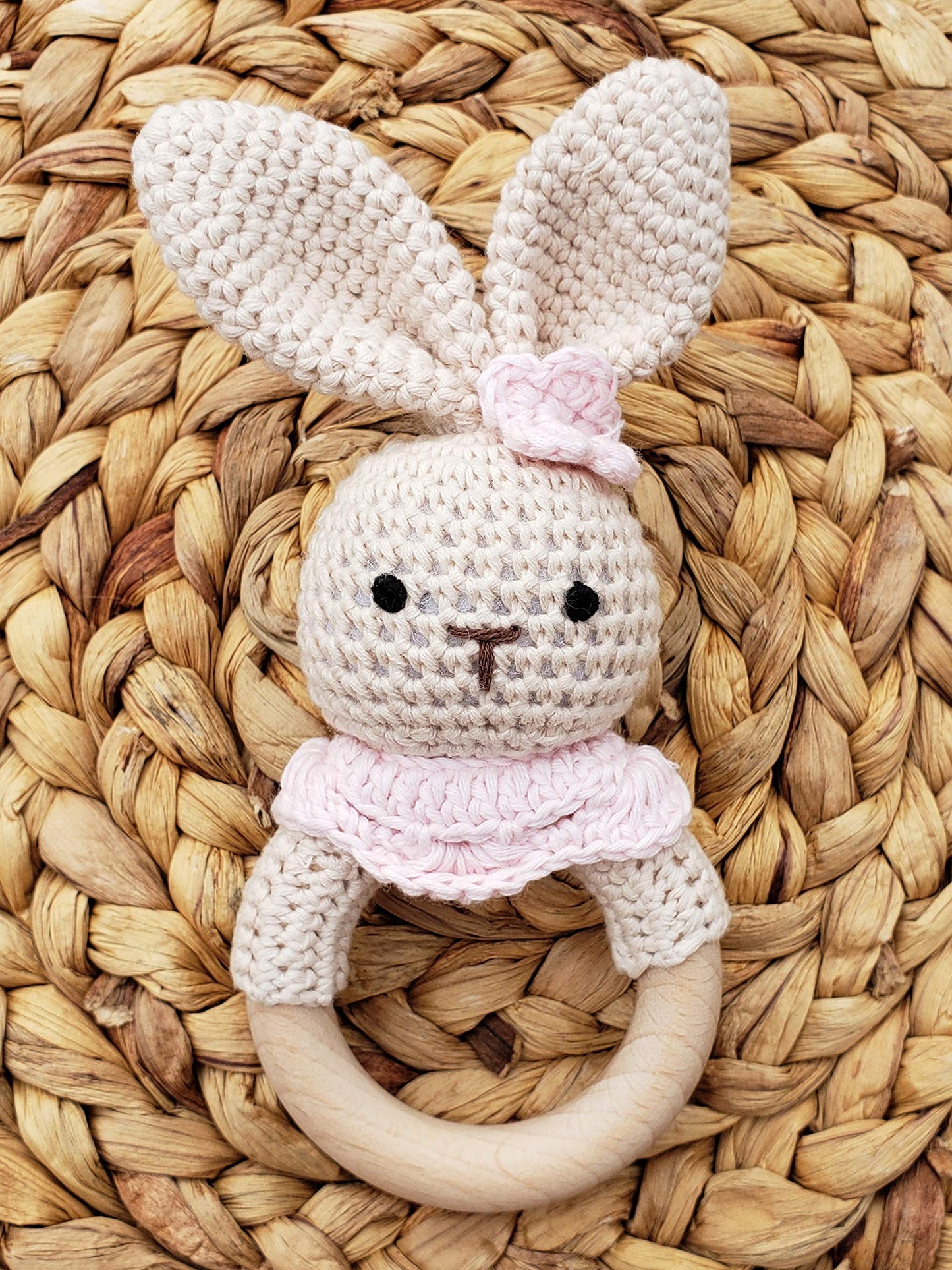 Natural Crochet Teether Toy Rattle For Baby Forest Friends Handmade Amigurumi Crochet Bunny Deer Fox On Natural Wooden Teething