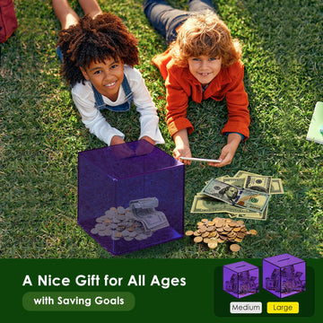 Piggy Bank for mature-themeds Must Break to Open Vcertcpl Acrylic Clear Piggy Bank Money Saving Box for Cash Saving Unopenable mature-themeds Bank for Real Money Bank Coin Bank Change Jar (Purple 15x15CM)