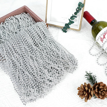 144 Pcs Silver Bead Necklaces, Silver Mardi Gras Christmas Beads Necklaces, 4Th Of July Beads Necklaces, 33'' 7 Mm Silver Party