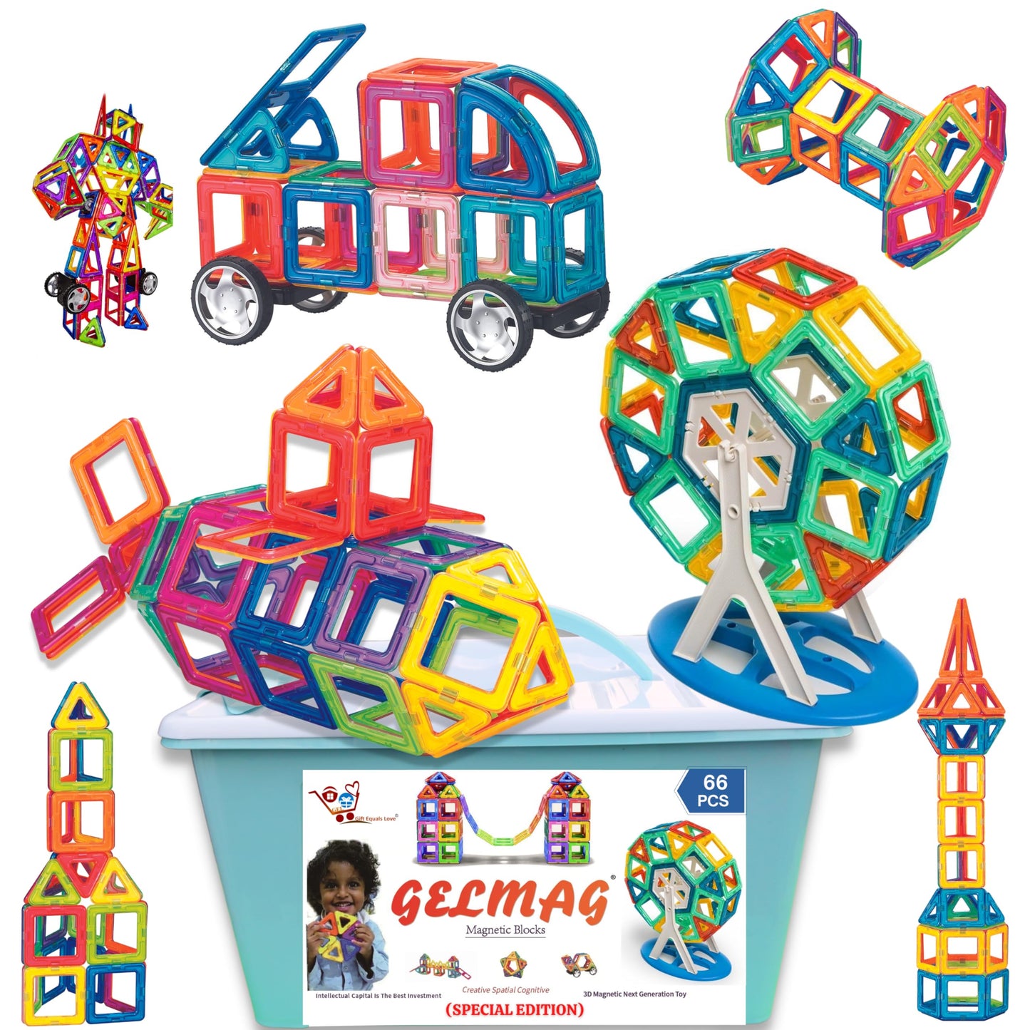 Gift Equals Love Gelmag Magnetic Blocks - 66 Pcs Of Magnetic Building Blocks, Constructing And Creative Learning Educational Nex