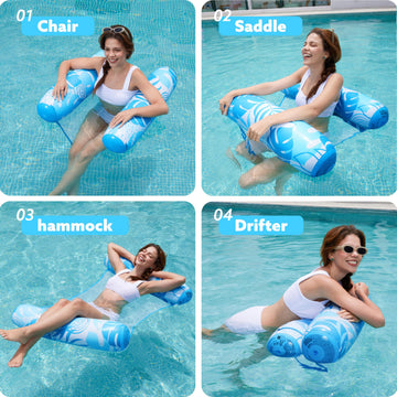 SLOOSH Hammock Pool Floats Adults, 4-in-1 Multi-Purpose Inflatable Pool Floaties PVC Water Hammock Lounge (Tropical Leaves-Blue)
