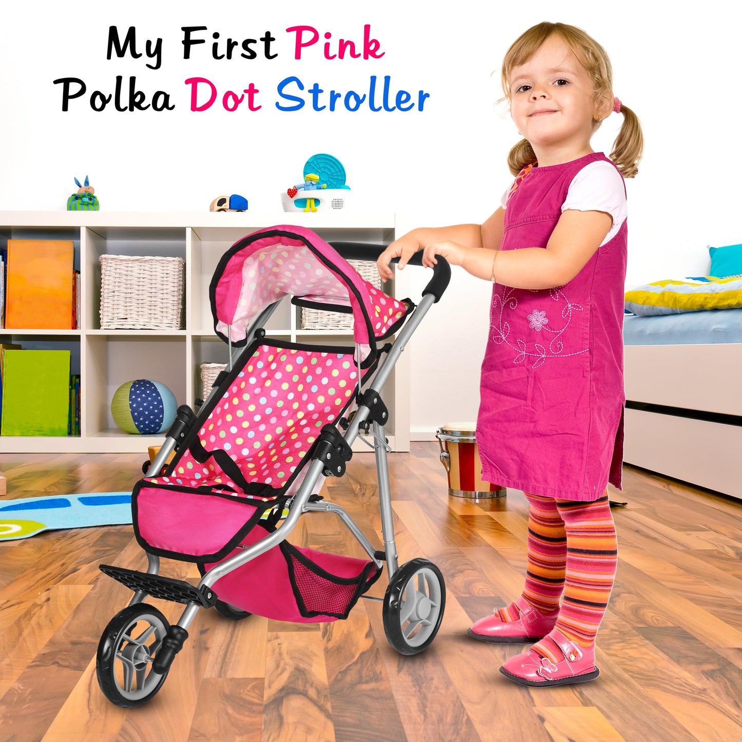 Fash N Kolor Baby Doll Stroller - Adjustable Canopy, Toy Storage, Foldable, Denim Pink, 6 x 1 Inches, Metal