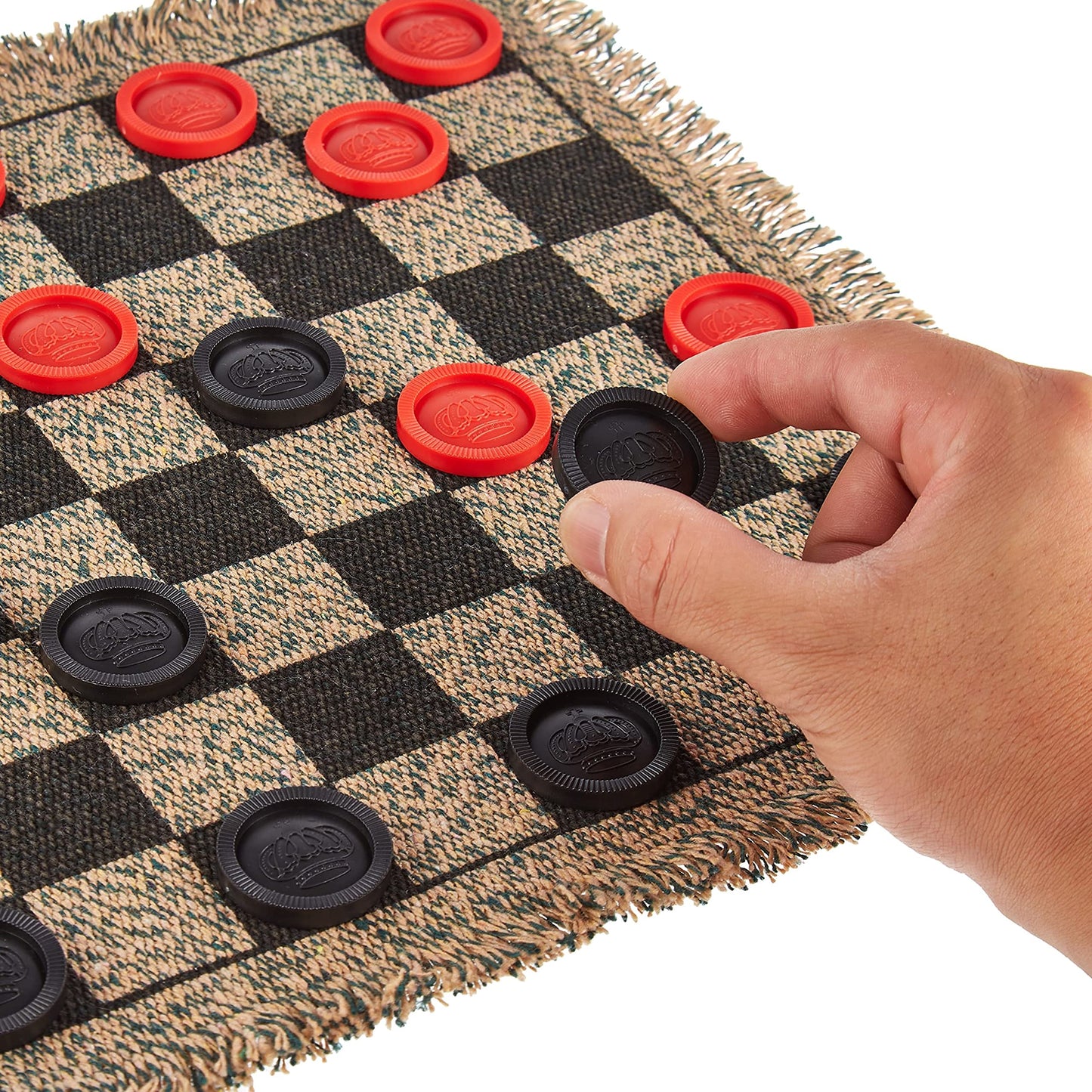3-In-1 Mini Checkers Rug + Classic & Mega Tic Tac Toe - Portable Compact 12' X 12' Reversible Checkerboard Rug - Travel, Parties, Games On The Go, Family Board Game Night